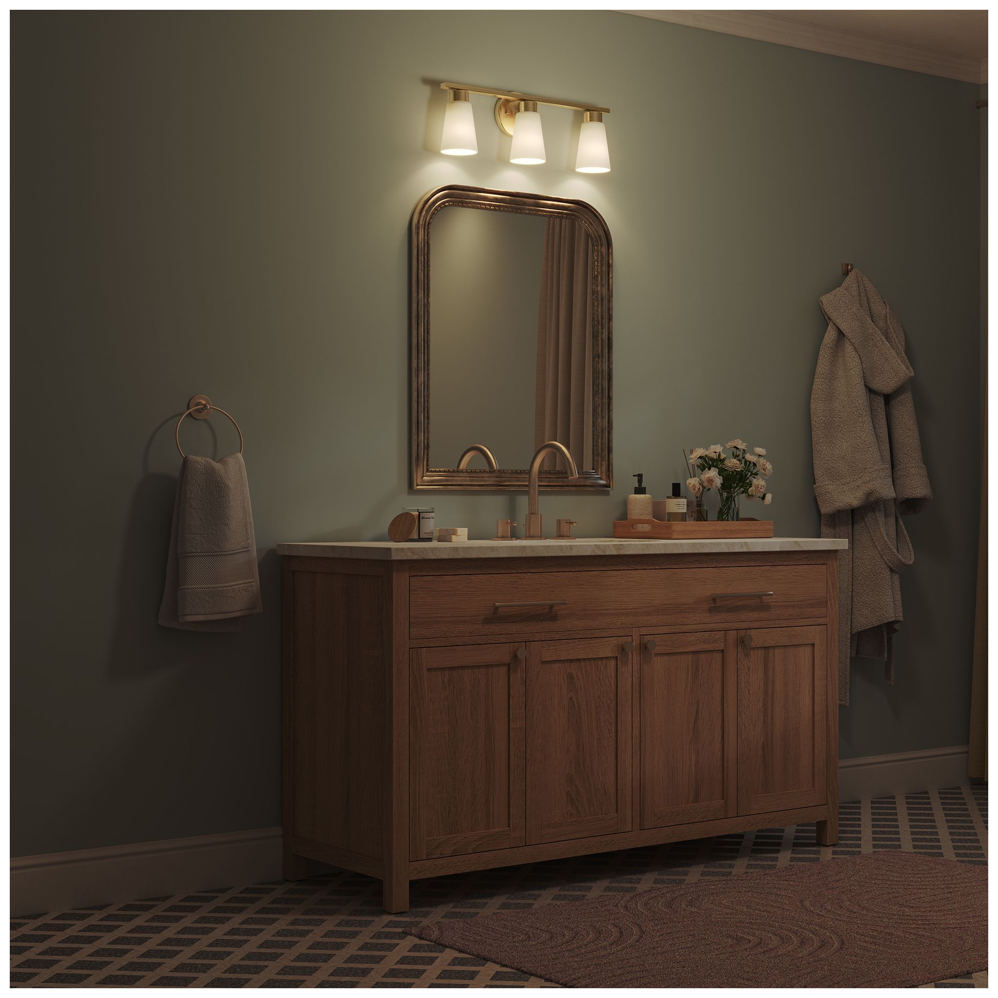 Kichler Stamos 22.25" 3-Light Brushed Gold Vanity Light Satin Etched Glass