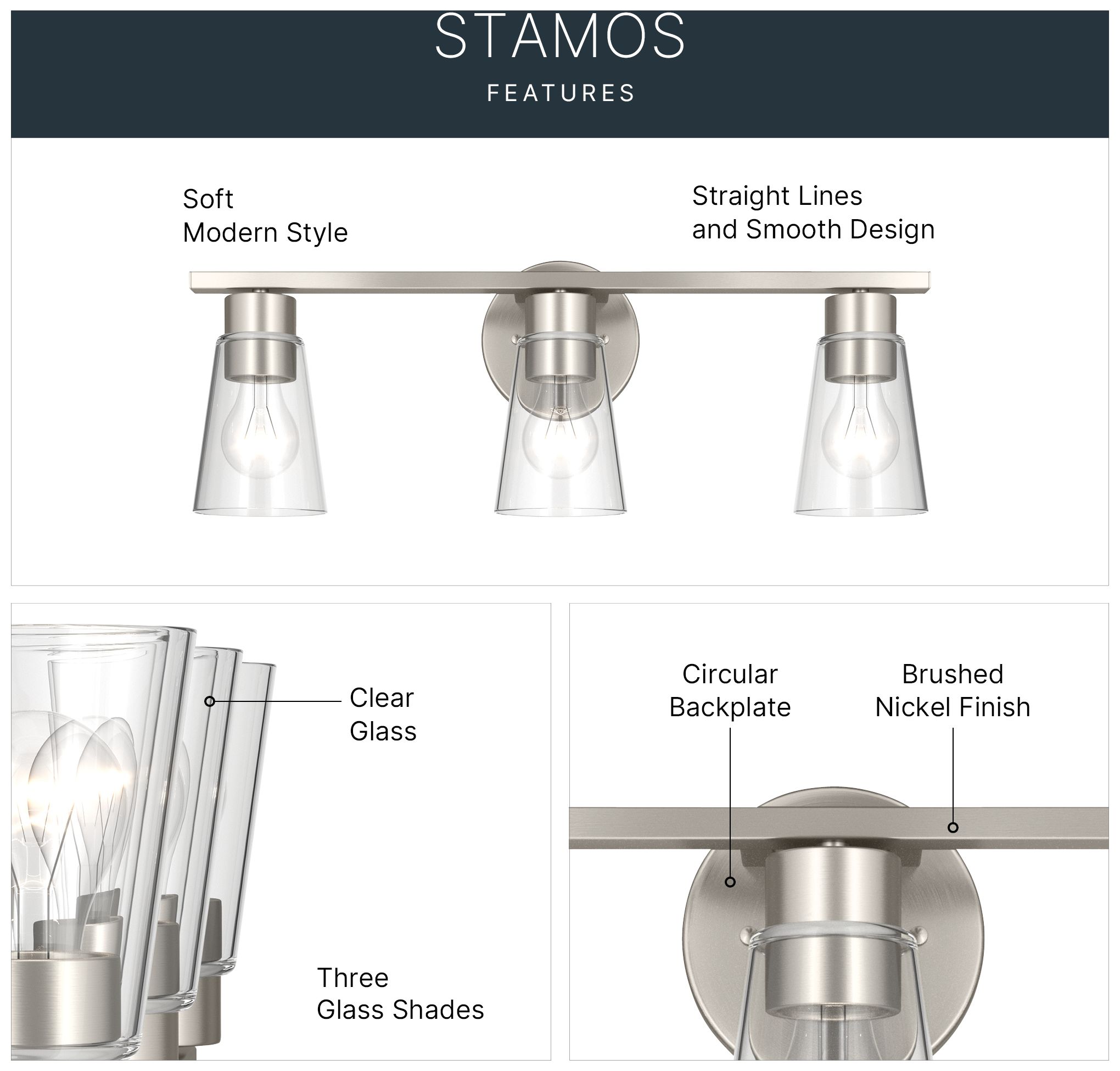 Image 4 Kichler Stamos 22.25" 3-Light Brushed Nickel Vanity Light with Clear Glass more views