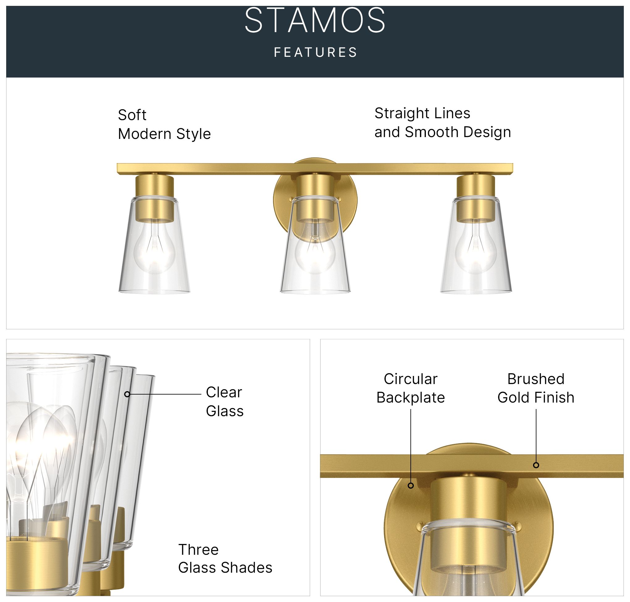 Image 4 Kichler Stamos 22.25" 3-Light Vanity Light with Clear Glass in Brushed Gold more views