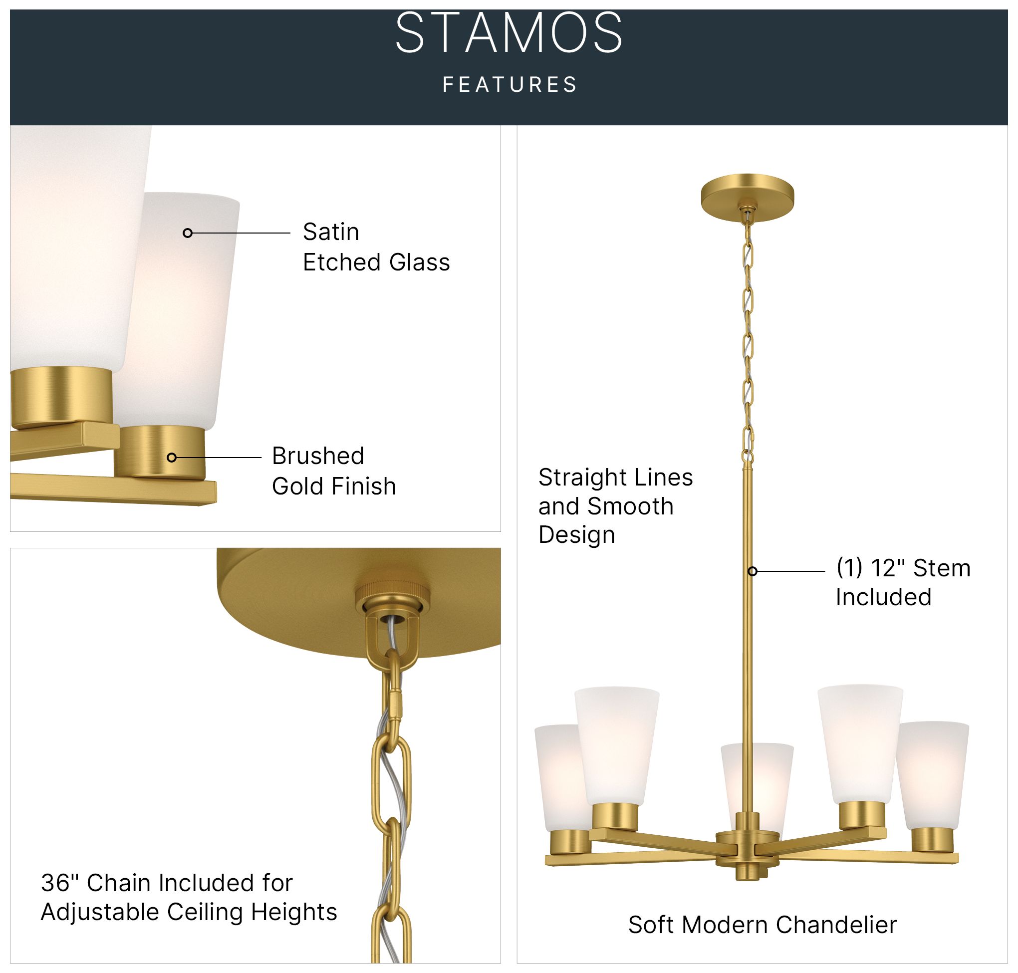 Image 5 Kichler Stamos 24" 5-Light Brushed Gold Chandelier with Satin Etched Glass more views