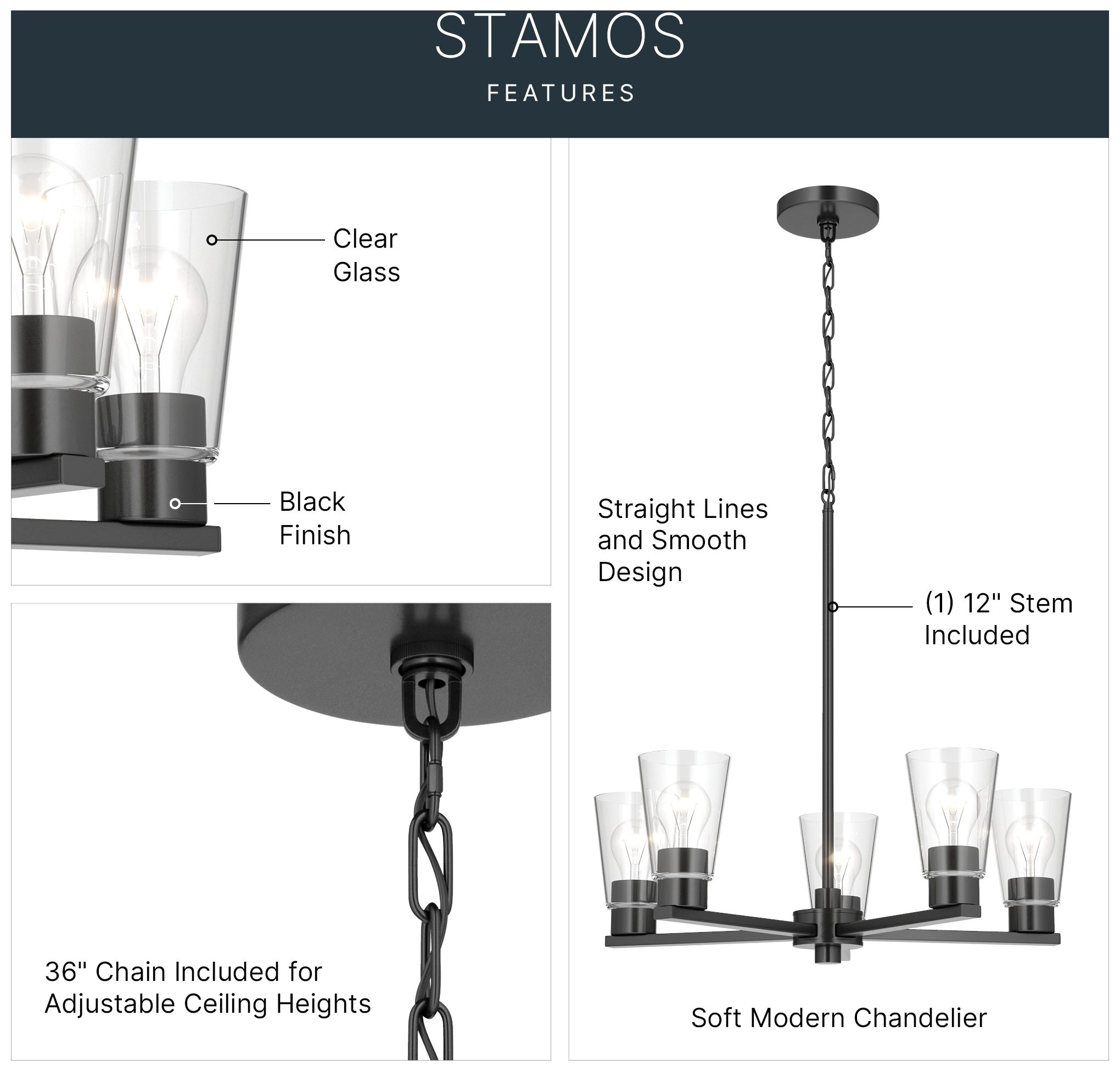 Image 5 Kichler Stamos 24" 5-Light Chandelier with Clear Glass in Black more views