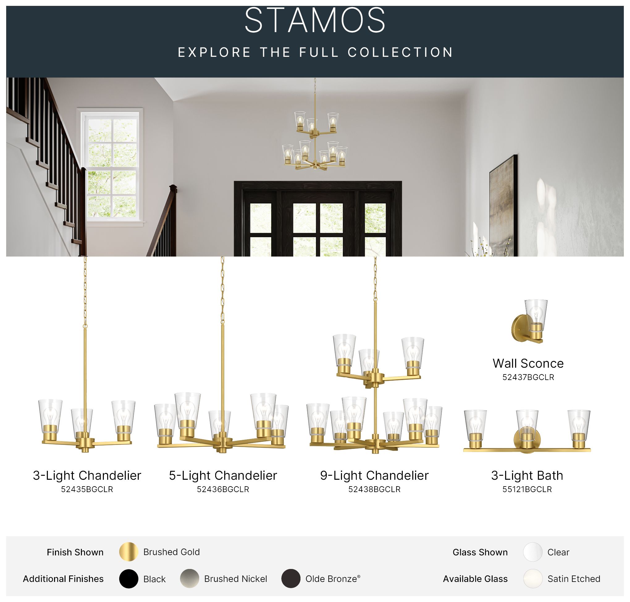 Kichler Stamos 24" 5-Light Chandelier with Clear Glass in Brushed Gold