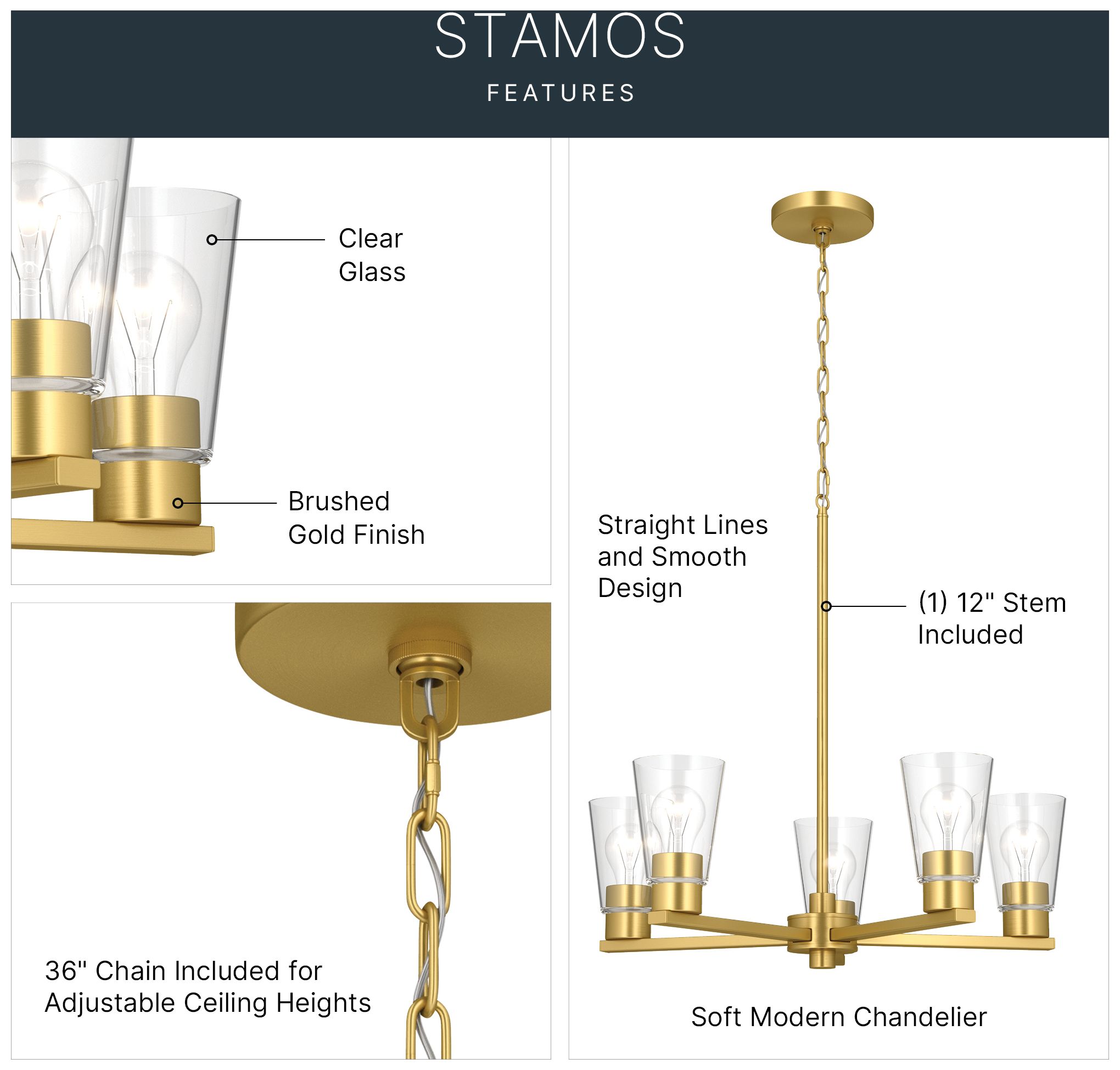 Image 5 Kichler Stamos 24" 5-Light Chandelier with Clear Glass in Brushed Gold more views
