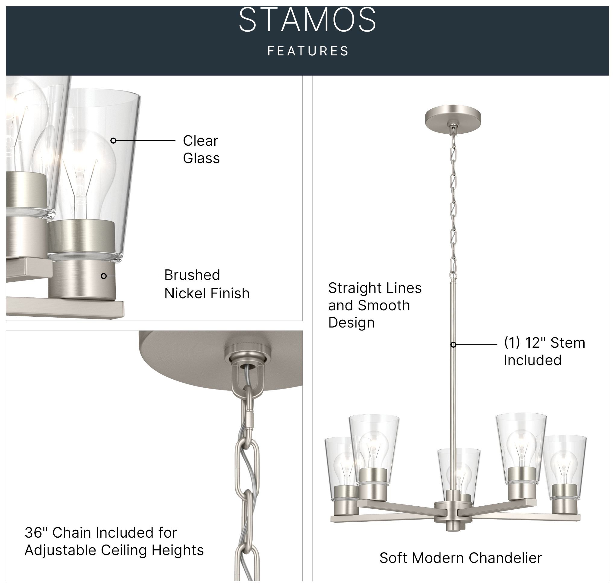 Image 5 Kichler Stamos 24" 5-Light Chandelier with Clear Glass in Brushed Nickel more views