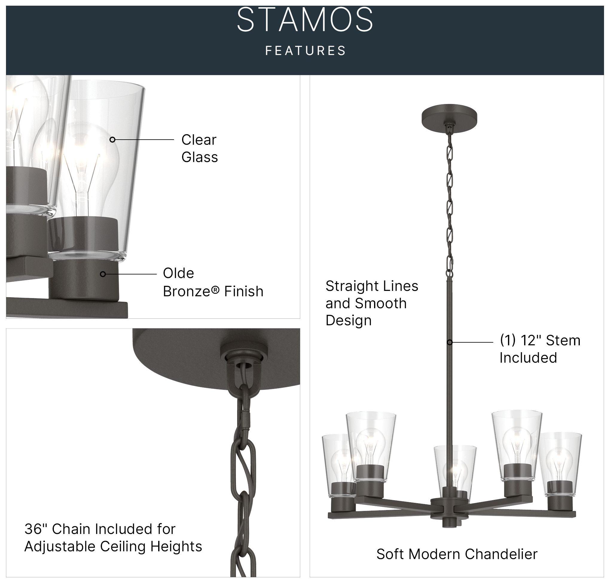 Image 5 Kichler Stamos 24" 5-Light Chandelier with Clear Glass in Olde Bronze more views