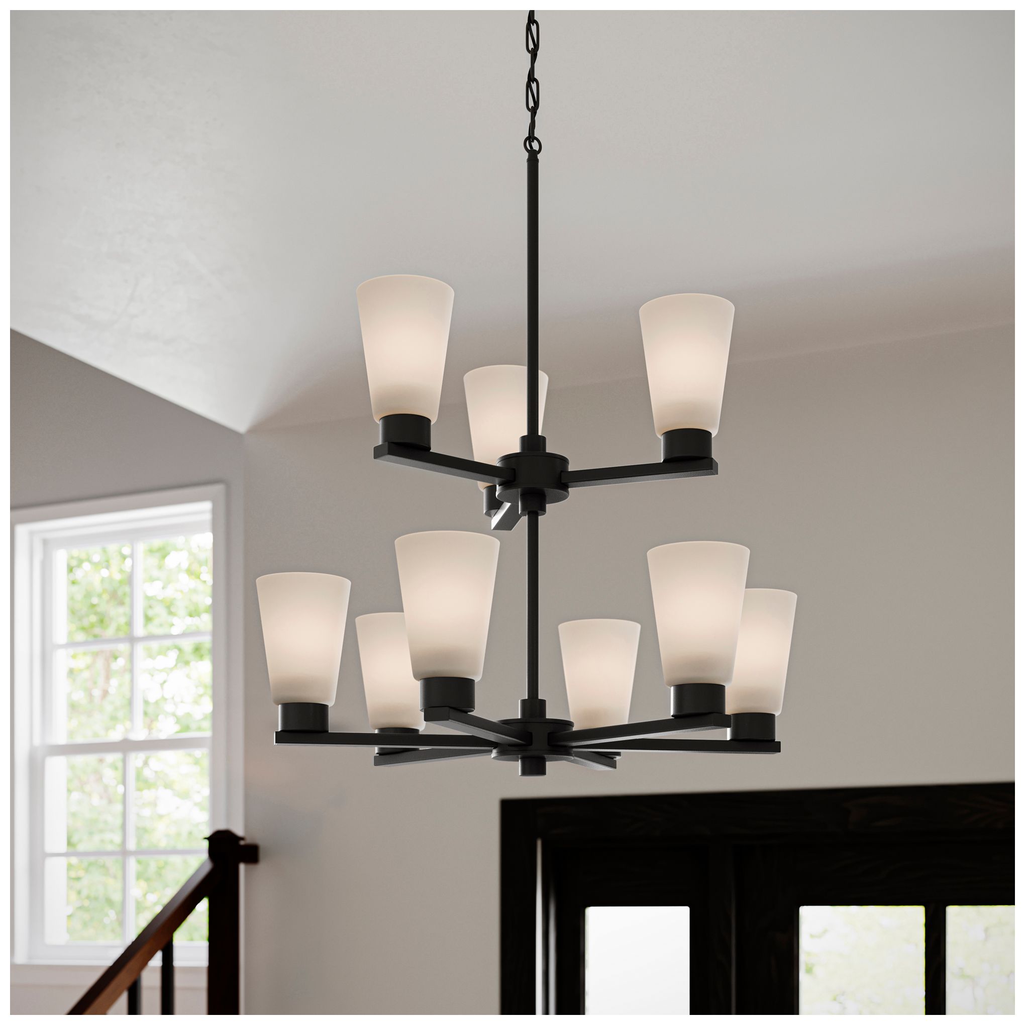Image 2 Kichler Stamos 24" 9-Light 2-Tier Black Chandelier with Satin Etched Glass more views