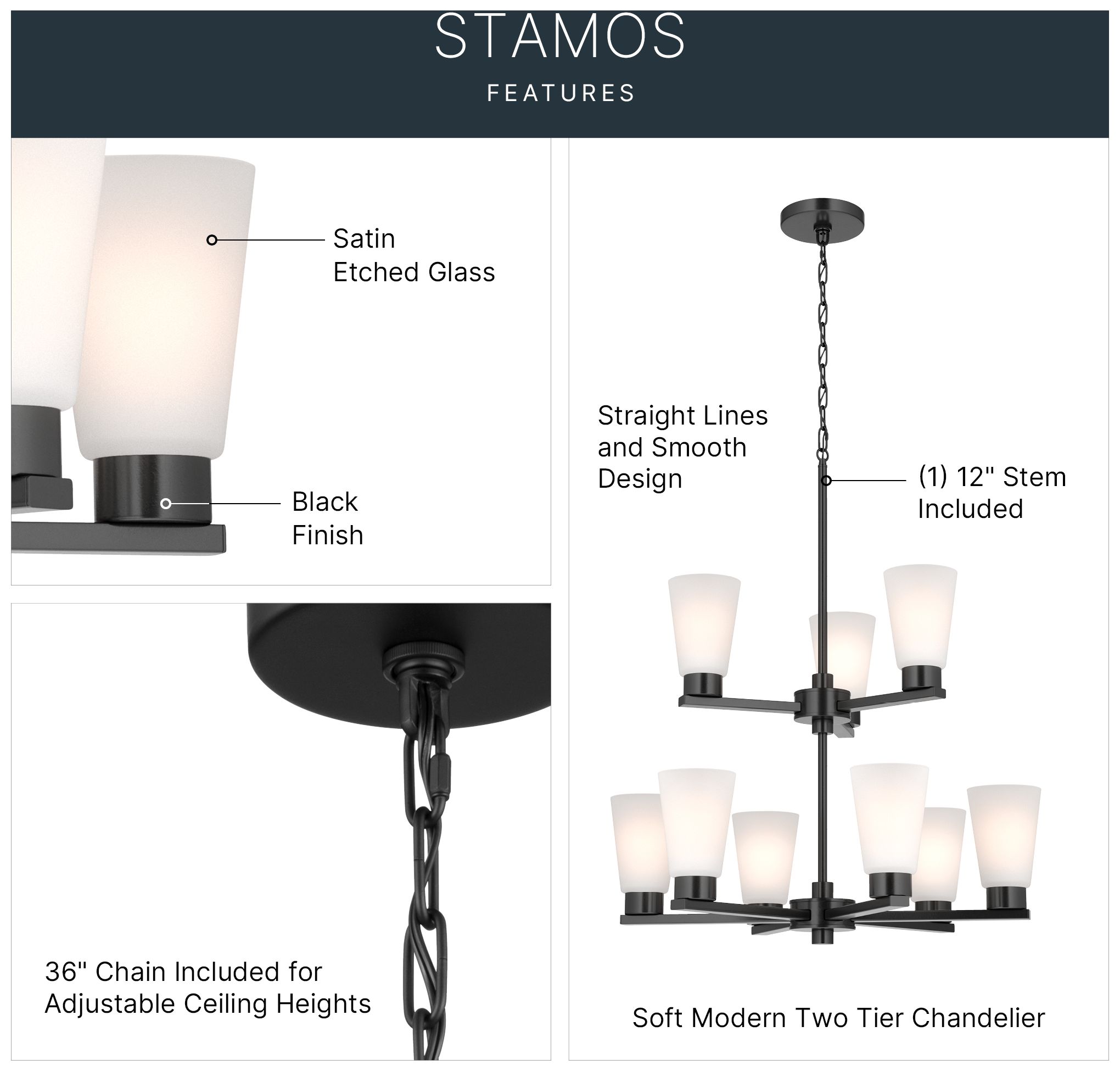 Image 3 Kichler Stamos 24" 9-Light 2-Tier Black Chandelier with Satin Etched Glass more views