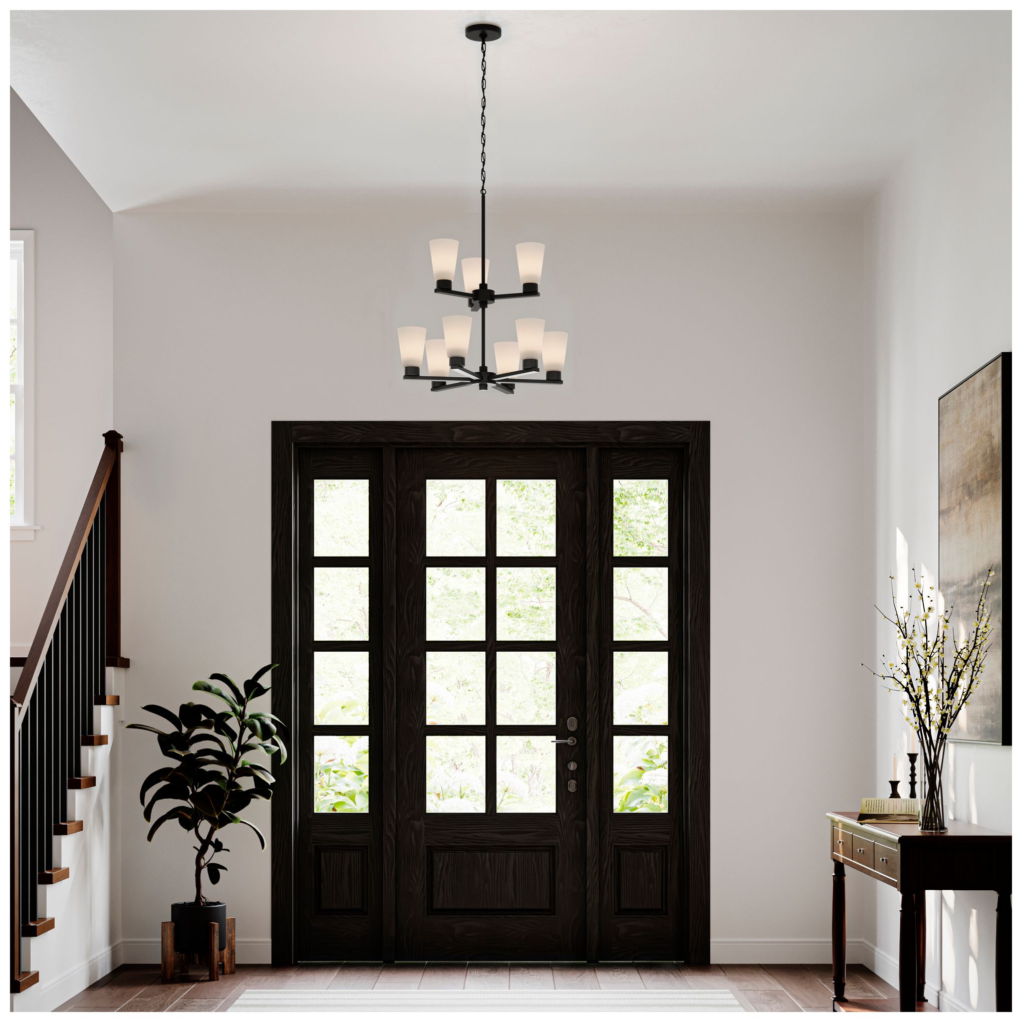 Image 6 Kichler Stamos 24" 9-Light 2-Tier Black Chandelier with Satin Etched Glass more views