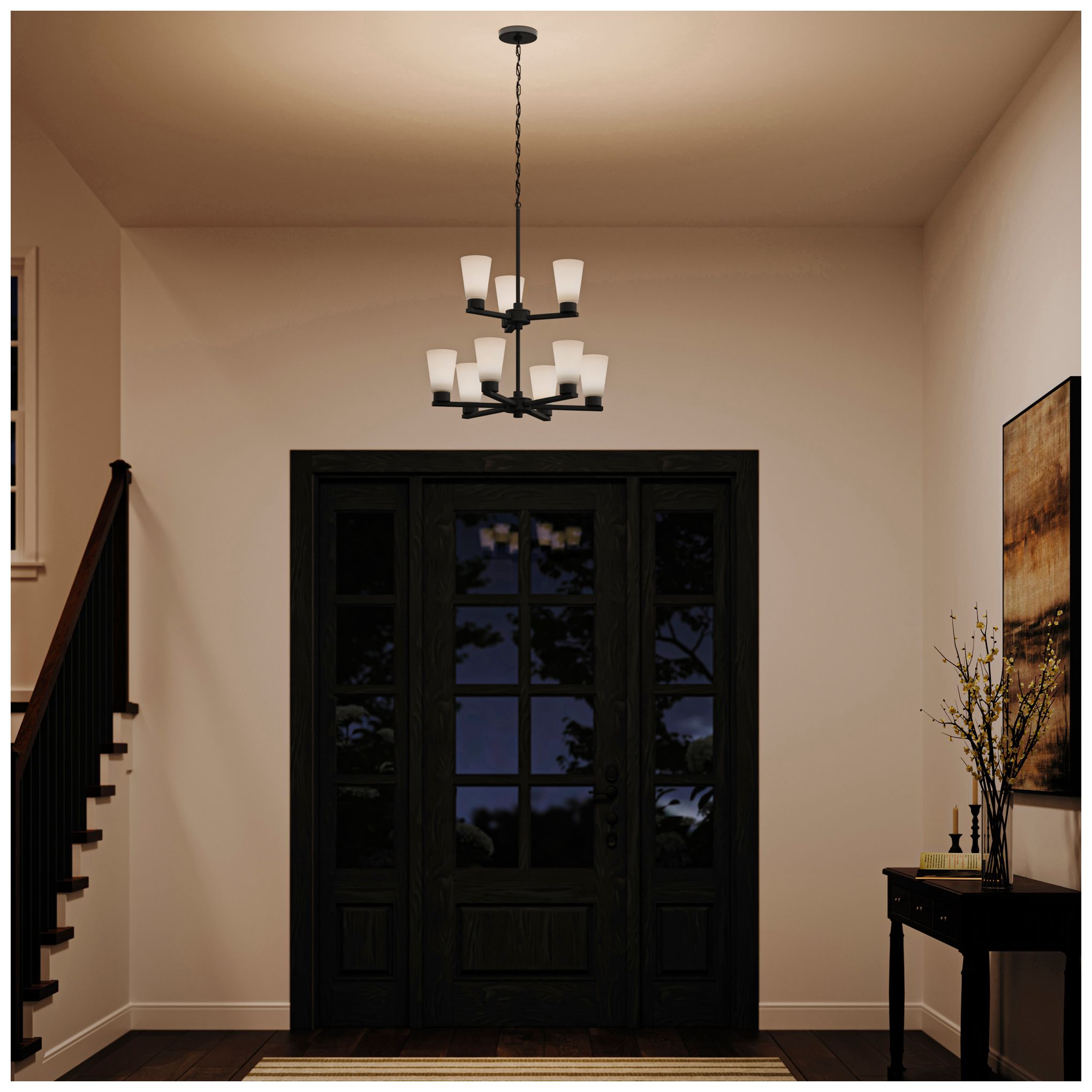Image 7 Kichler Stamos 24" 9-Light 2-Tier Black Chandelier with Satin Etched Glass more views