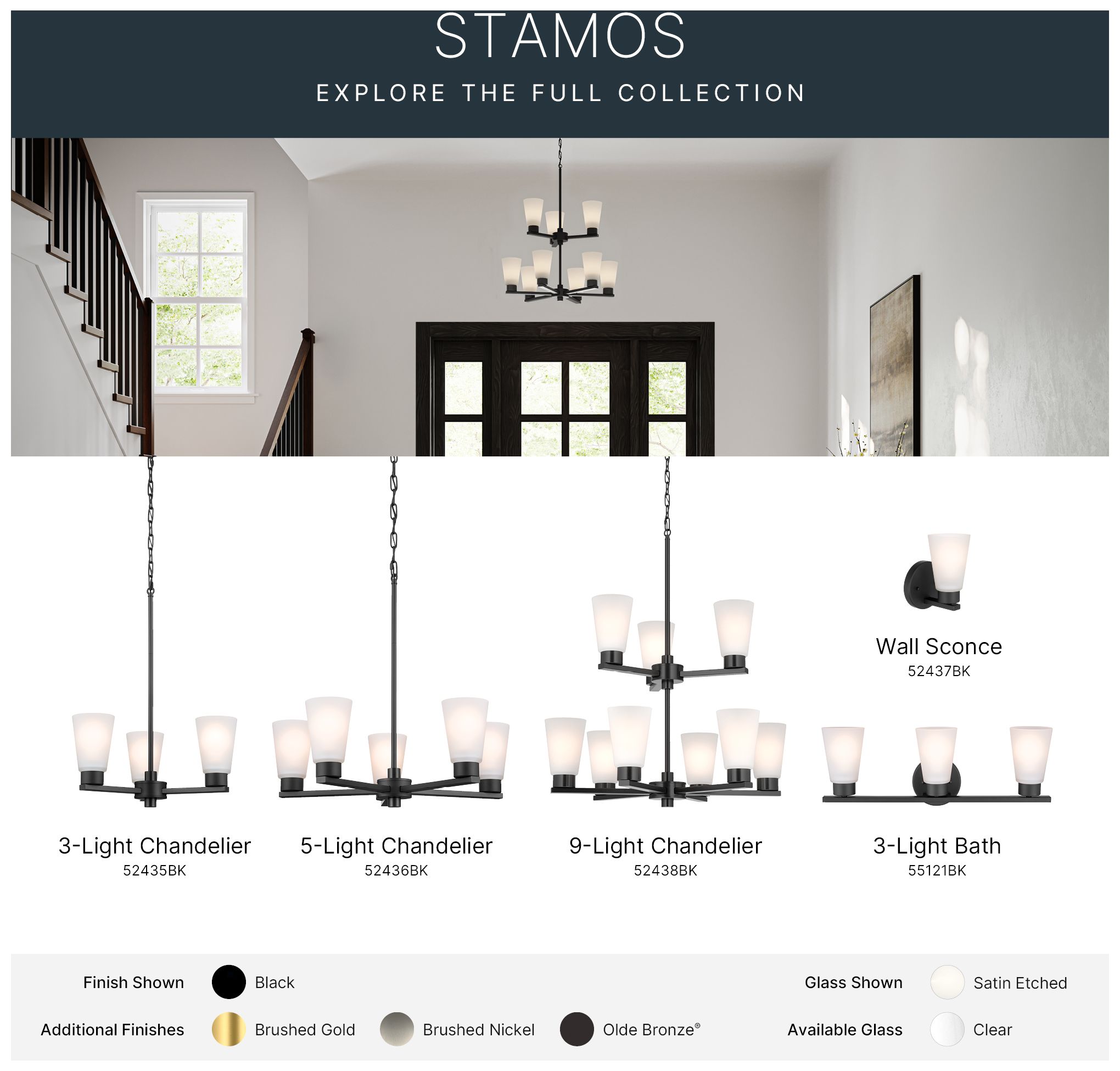 Kichler Stamos 24" 9-Light 2-Tier Black Chandelier with Satin Etched Glass