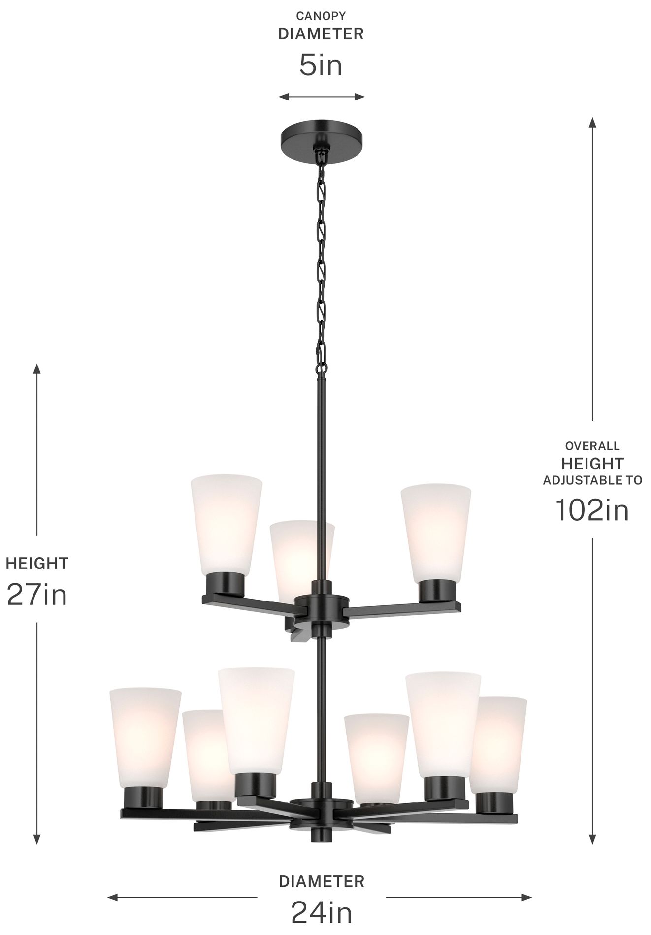 Kichler Stamos 24" 9-Light 2-Tier Black Chandelier with Satin Etched Glass