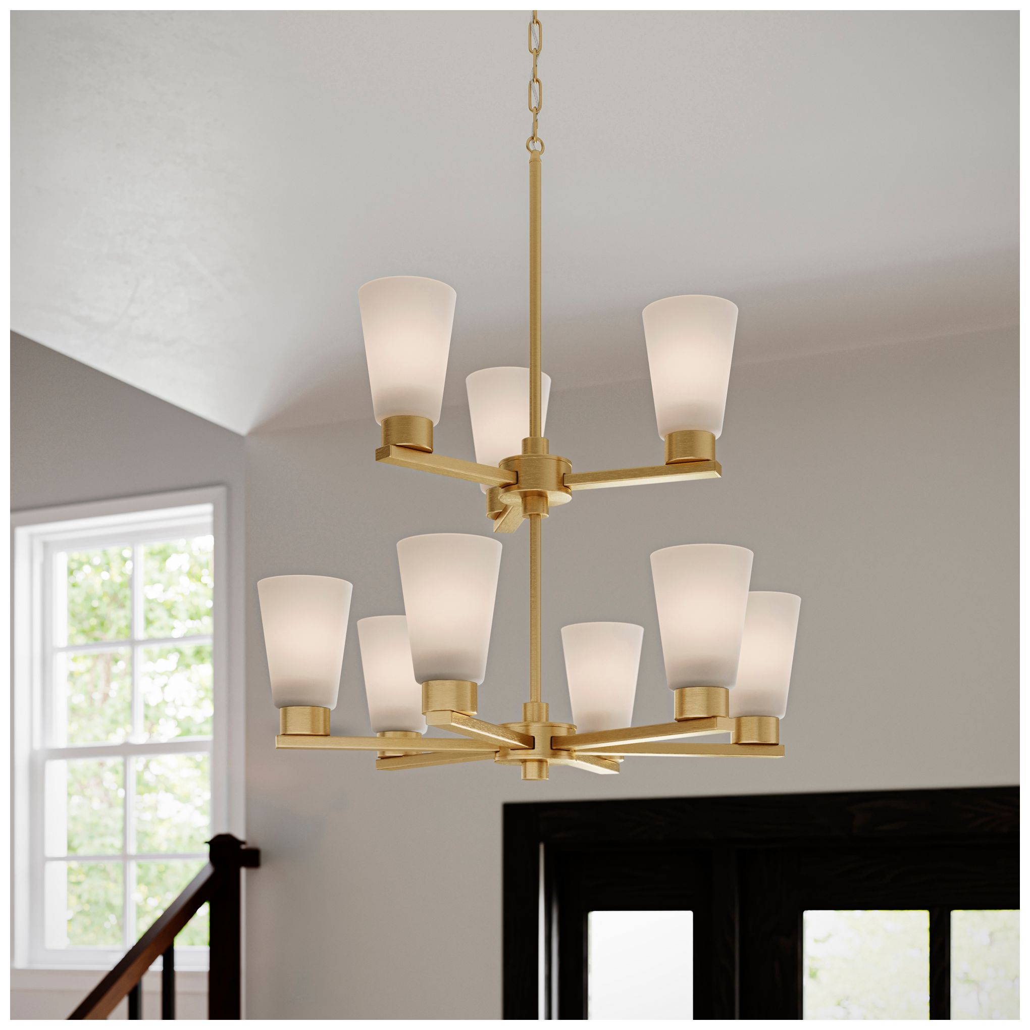 Image 2 Kichler Stamos 24" 9-Light 2-Tier Brushed Gold Chandelier w/Etched Glass more views