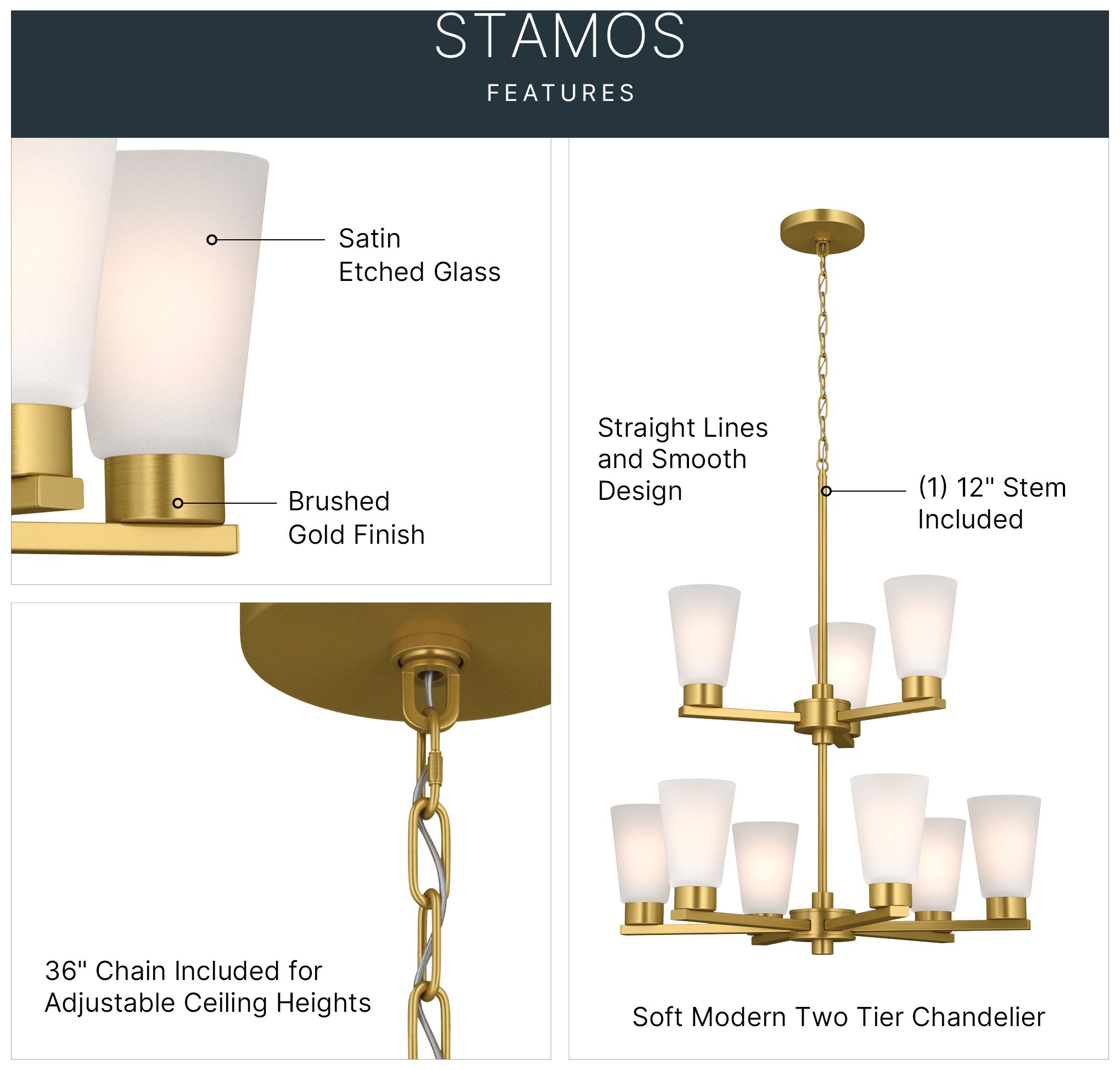 Image 3 Kichler Stamos 24" 9-Light 2-Tier Brushed Gold Chandelier w/Etched Glass more views