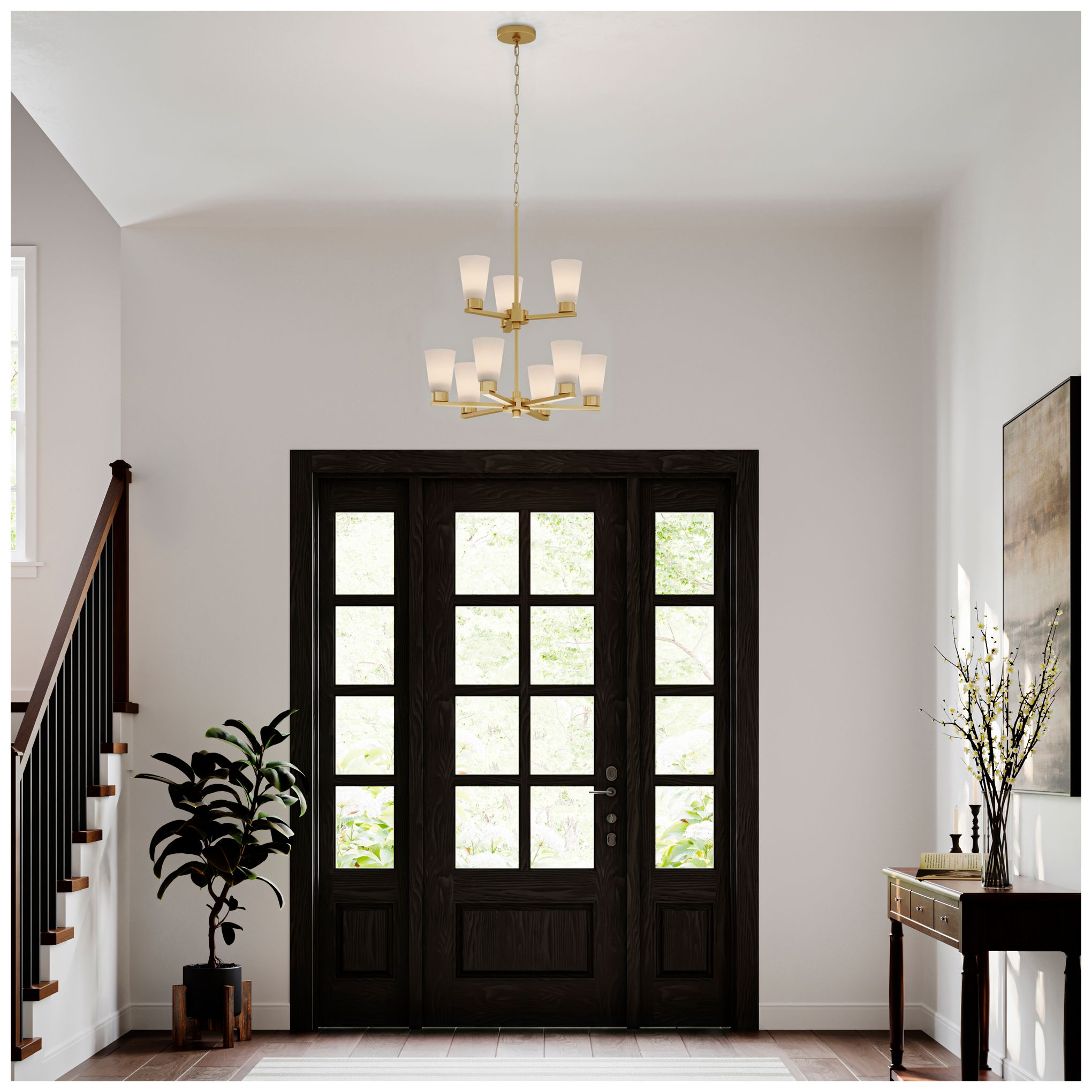 Image 6 Kichler Stamos 24" 9-Light 2-Tier Brushed Gold Chandelier w/Etched Glass more views