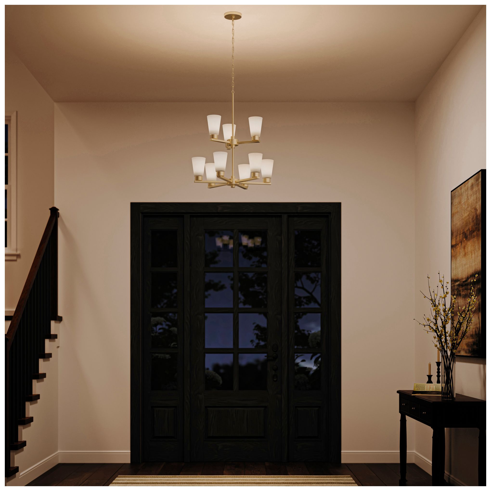 Image 7 Kichler Stamos 24" 9-Light 2-Tier Brushed Gold Chandelier w/Etched Glass more views