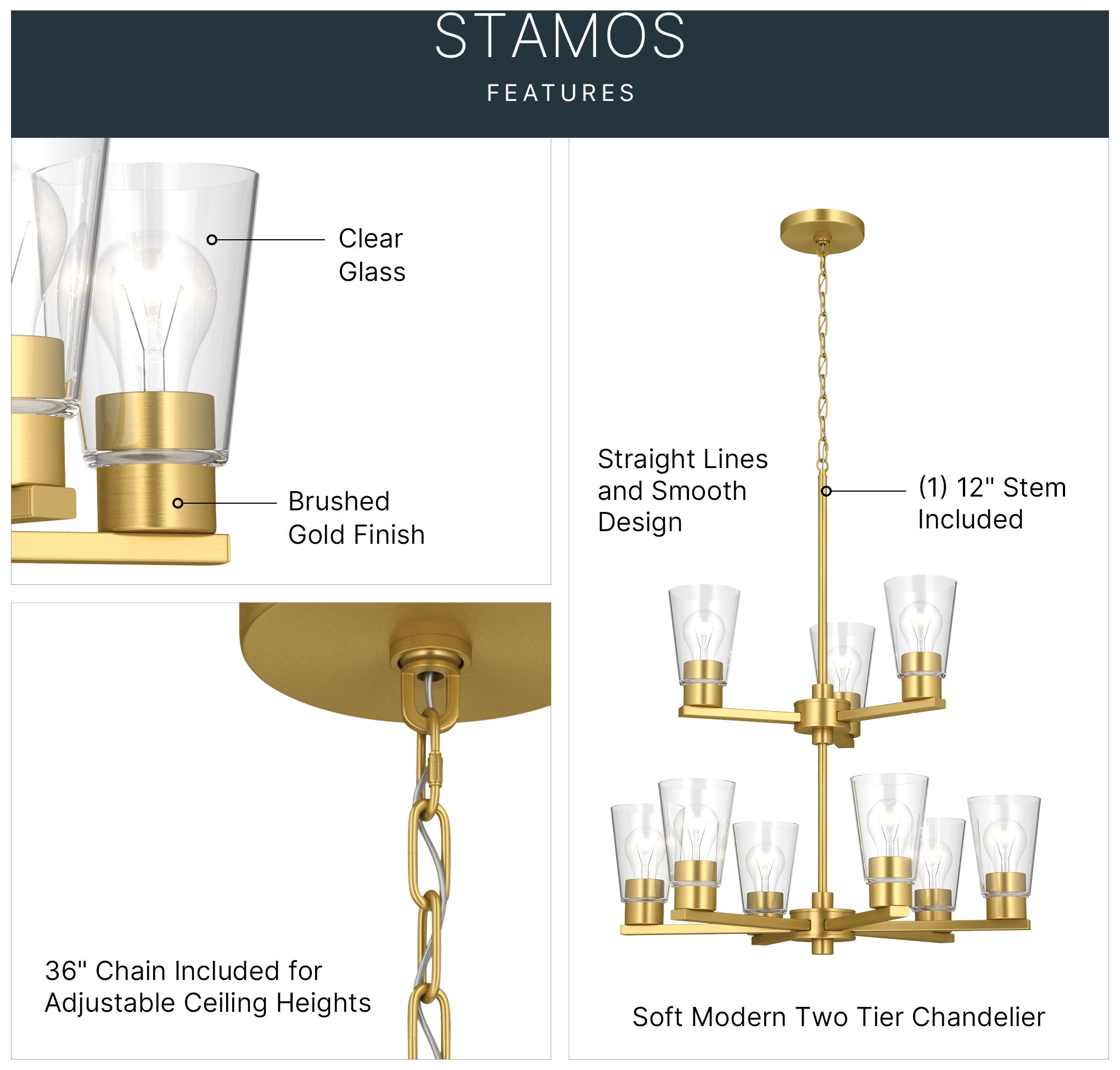 Image 3 Kichler Stamos 24" 9-Light 2-Tier Brushed Gold Chandelier with Clear Glass more views