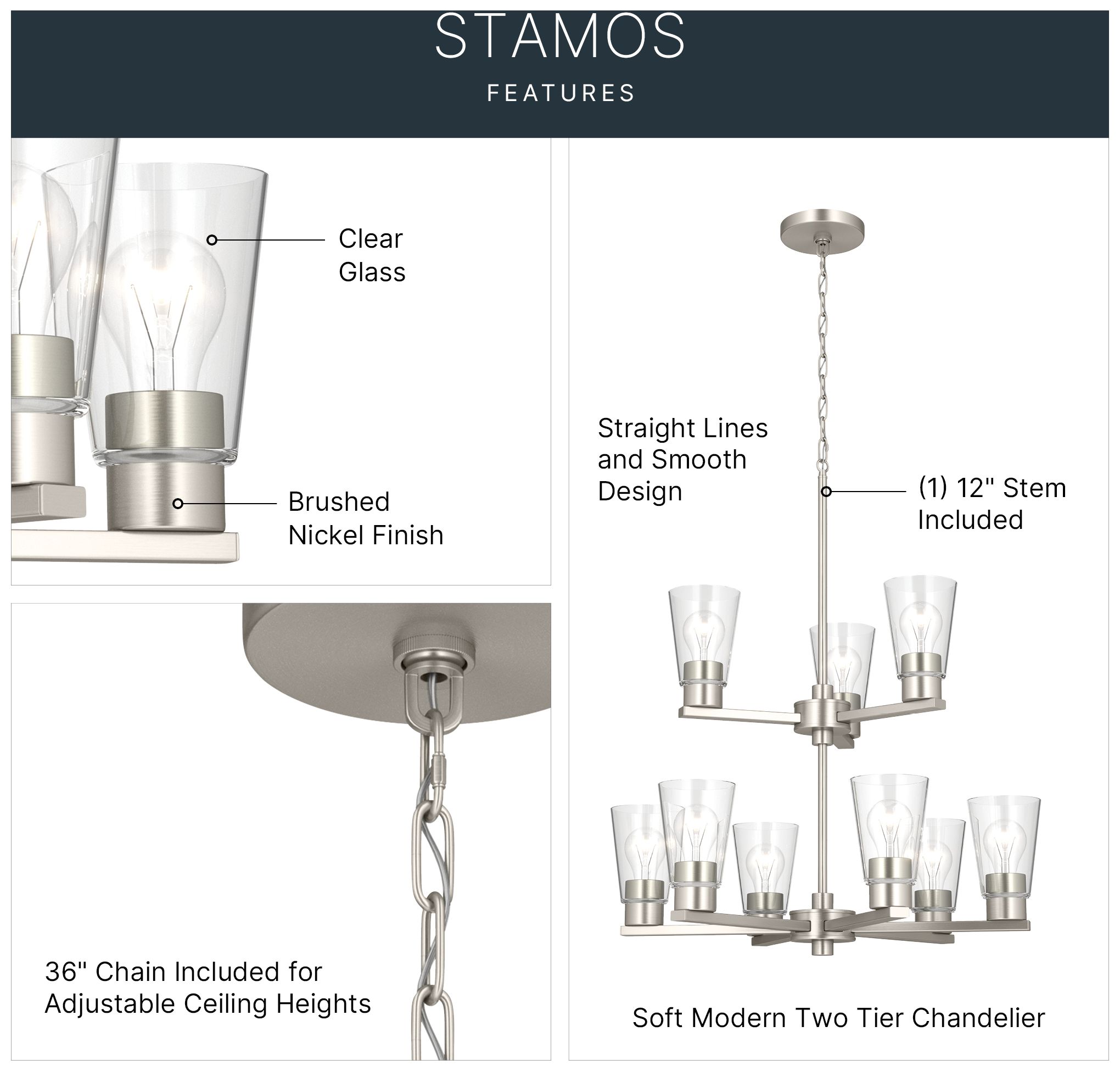 Image 3 Kichler Stamos 24" 9-Light 2-Tier Brushed Nickel Chandelier w/Clear Glass more views