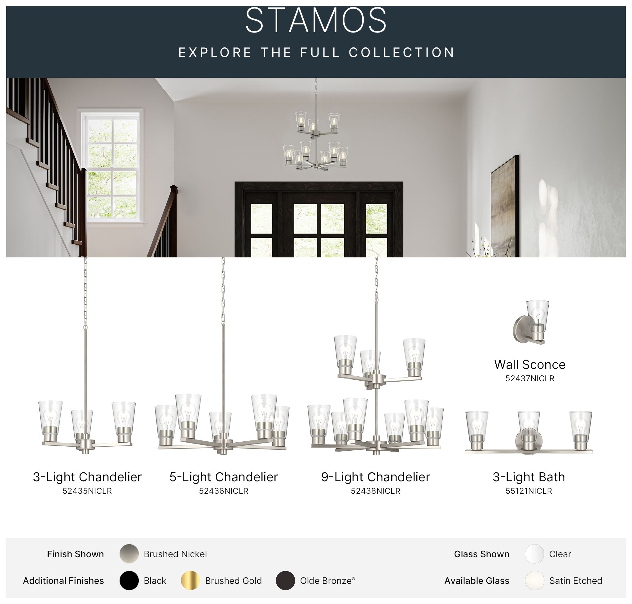 Kichler Stamos 24" 9-Light 2-Tier Brushed Nickel Chandelier w/Clear Glass
