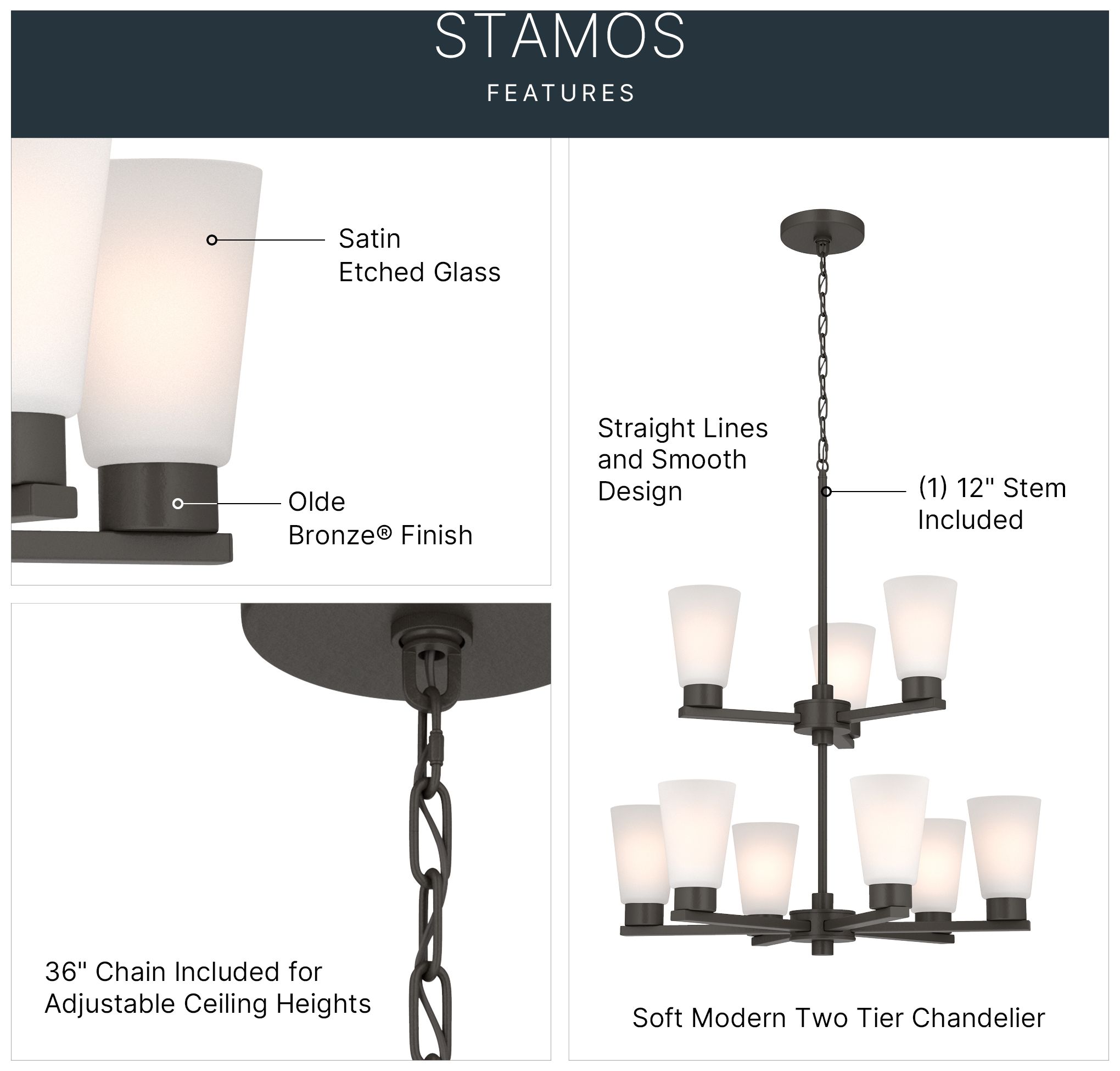 Image 3 Kichler Stamos 24" 9-Light 2-Tier Olde Bronze Chandelier w/Etched Glass more views