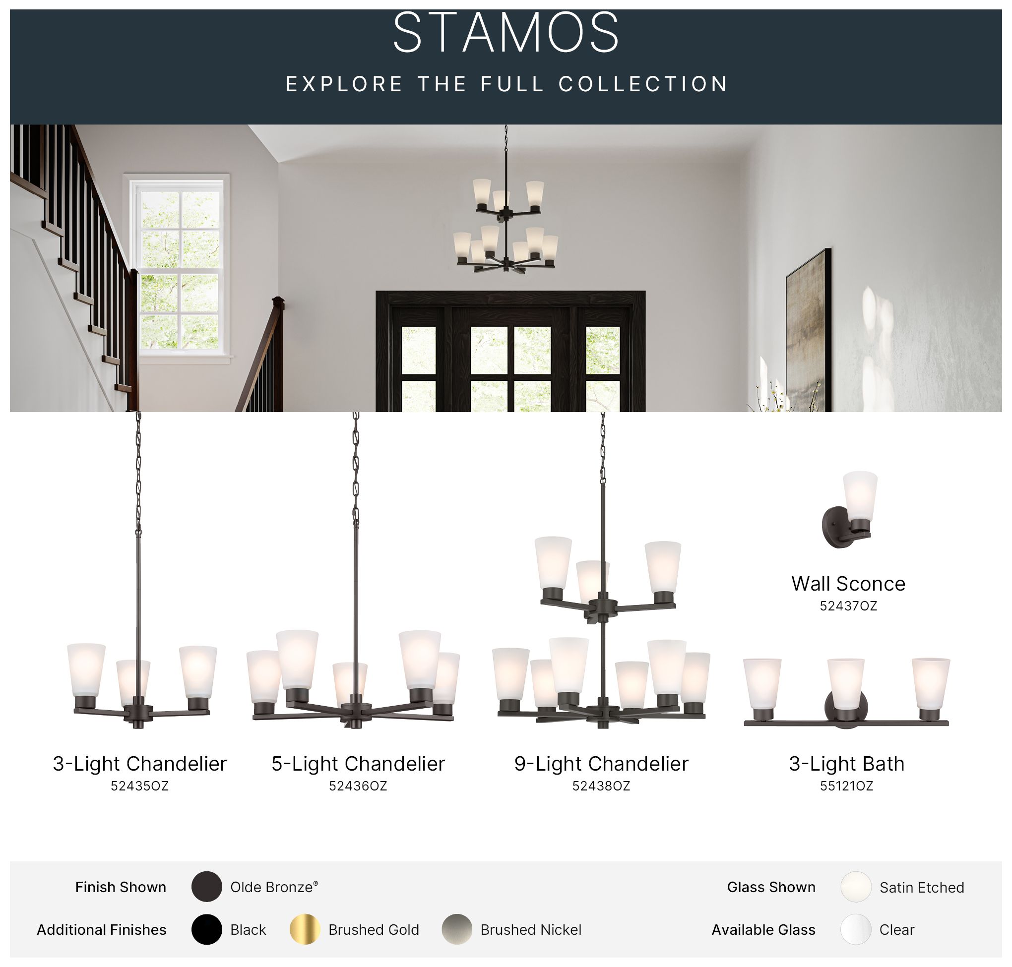 Kichler Stamos 24" 9-Light 2-Tier Olde Bronze Chandelier w/Etched Glass