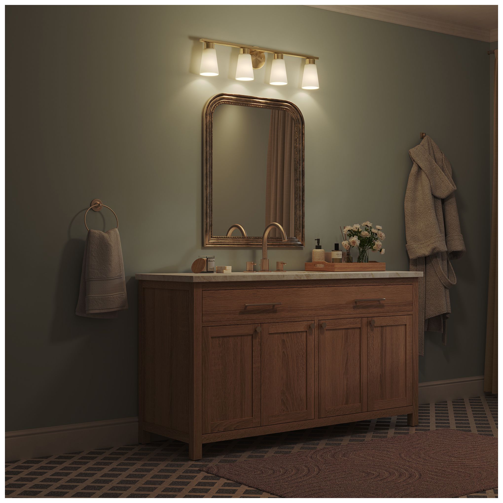 Kichler Stamos 31.25" 4-Light Brushed Gold Vanity Light Satin Etched Glass