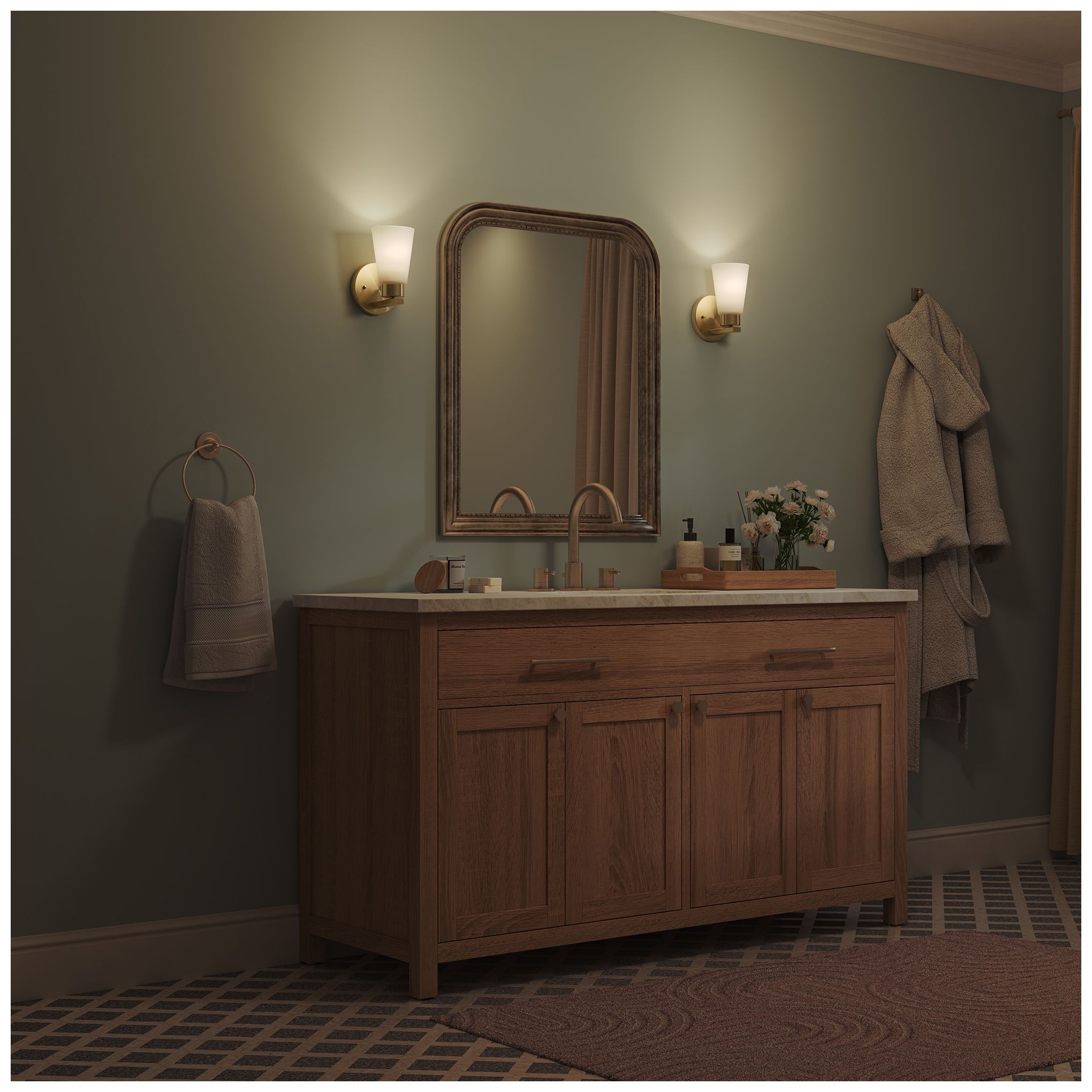 Kichler Stamos 8" 1-Light Brushed Gold Wall Sconce with Satin Etched Glass