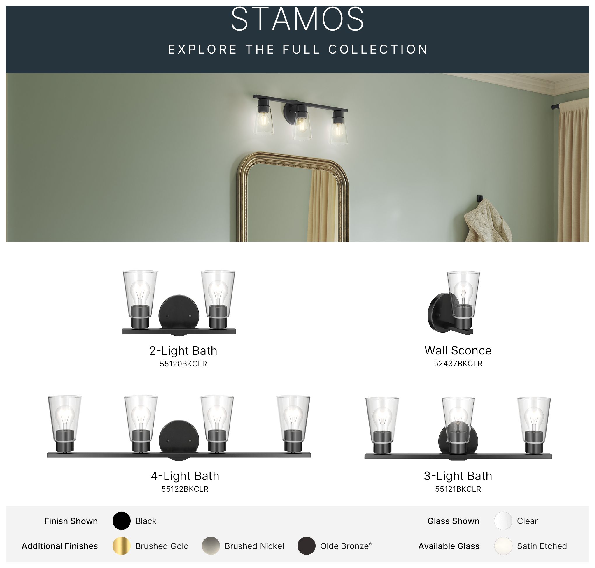 Kichler Stamos 8" 1-Light Wall Sconce with Clear Glass in Black