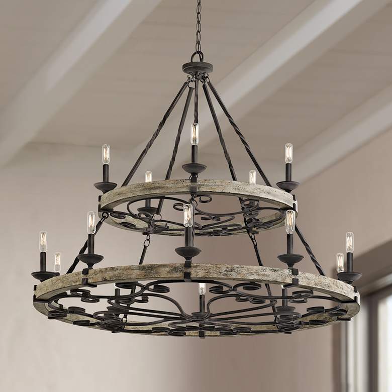 Image 1 Kichler Taulbee 44" Wide 15-Light Aged Zinc Gray Wood Ring Chandelier