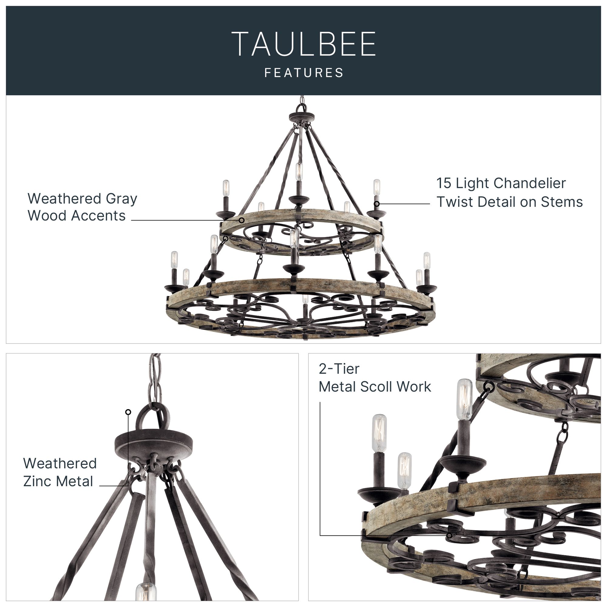 Image 5 Kichler Taulbee 44" Wide 15-Light Aged Zinc Gray Wood Ring Chandelier more views