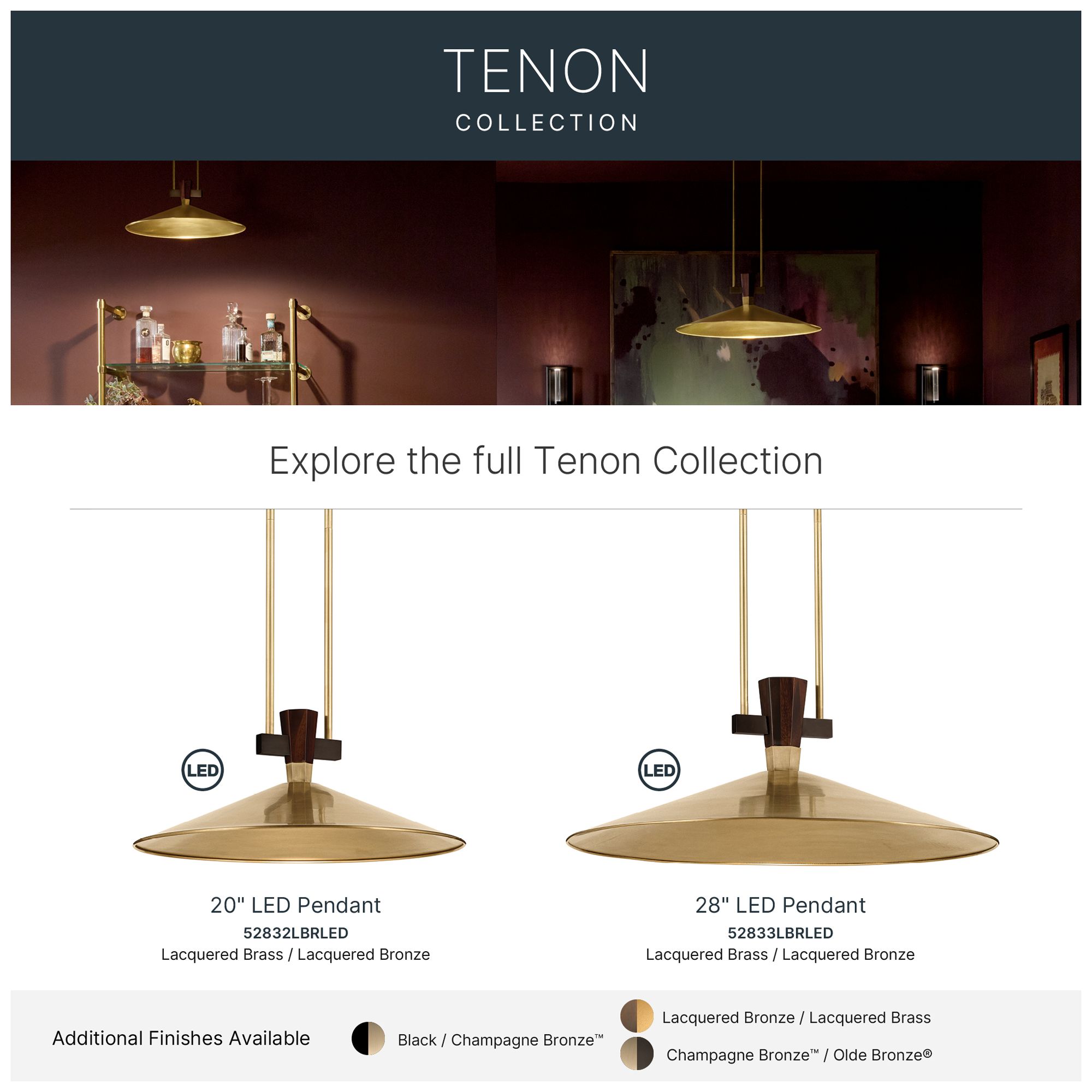 Kichler Tenon 20" 1-Light LED Pendant in Lacquered Brass