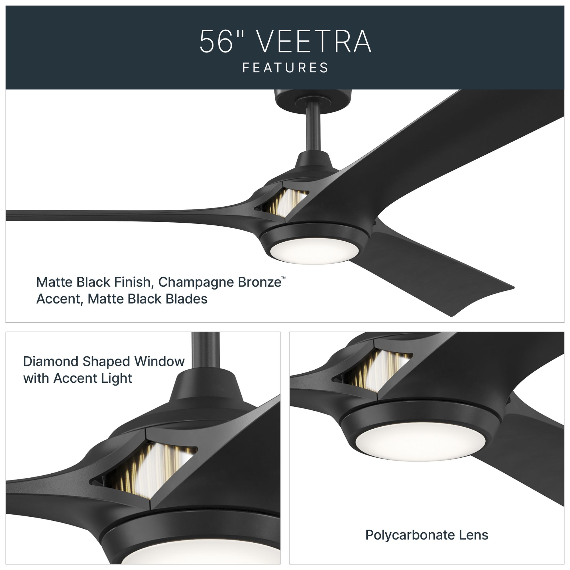 Kichler Veetra 3 Blade 56" Ceiling Fan Matte Black Matte Black Blades