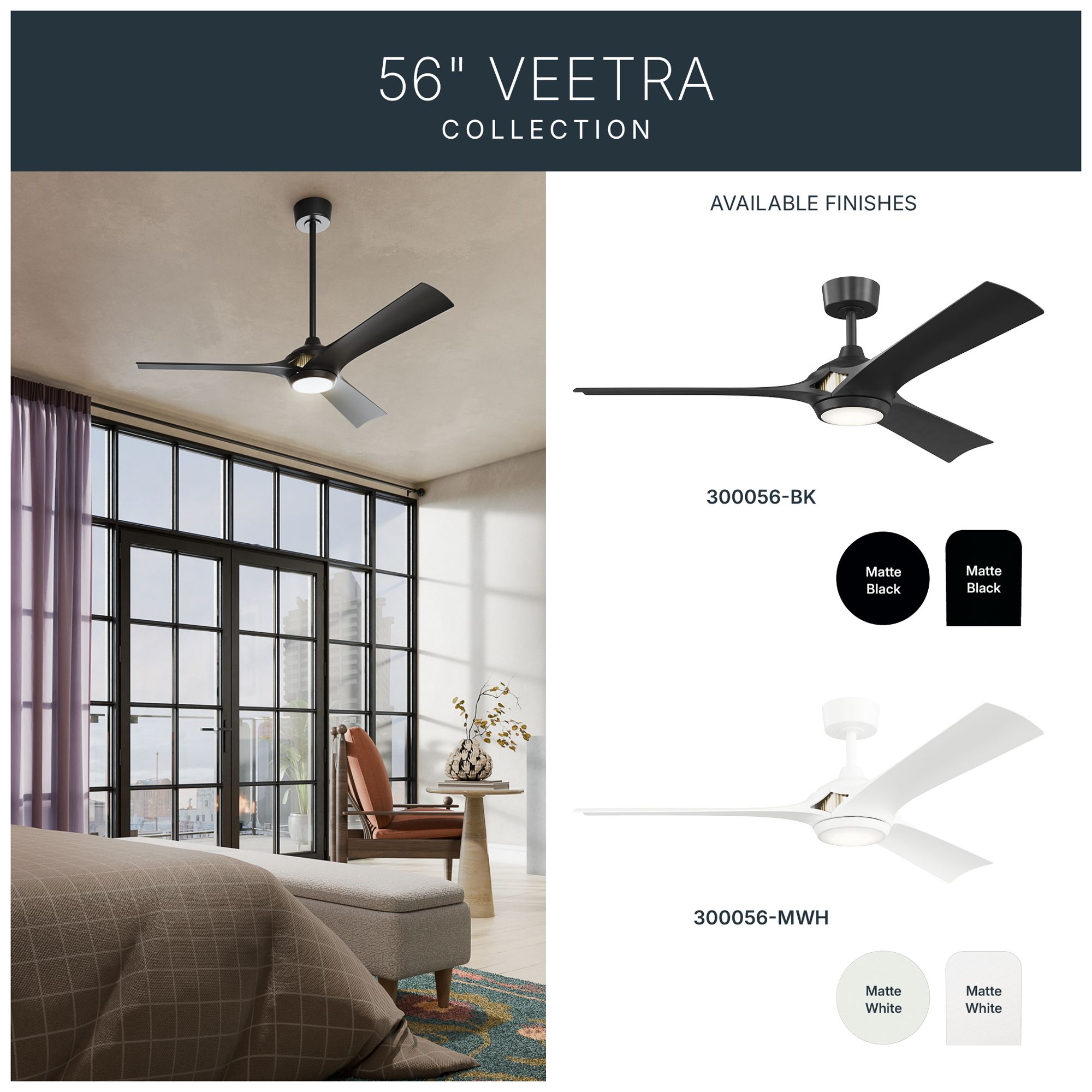 Kichler Veetra 3 Blade 56" Ceiling Fan Matte Black Matte Black Blades