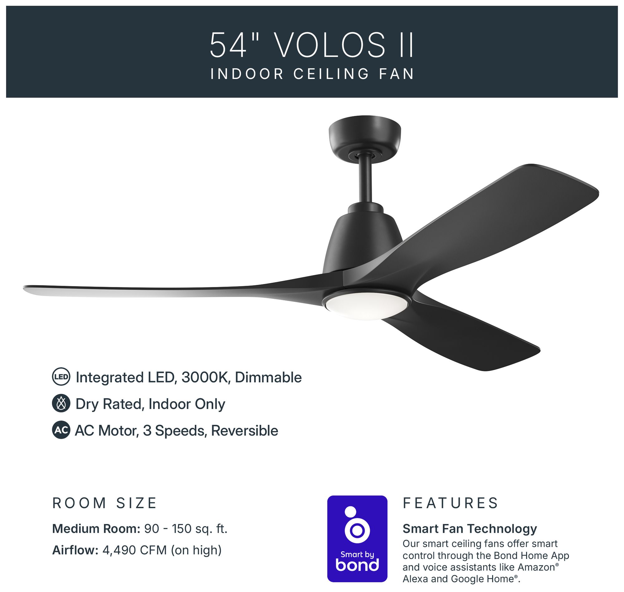 Image 4 Kichler Volos II 3 Blade 54" Ceiling Fan Black Black Blades more views