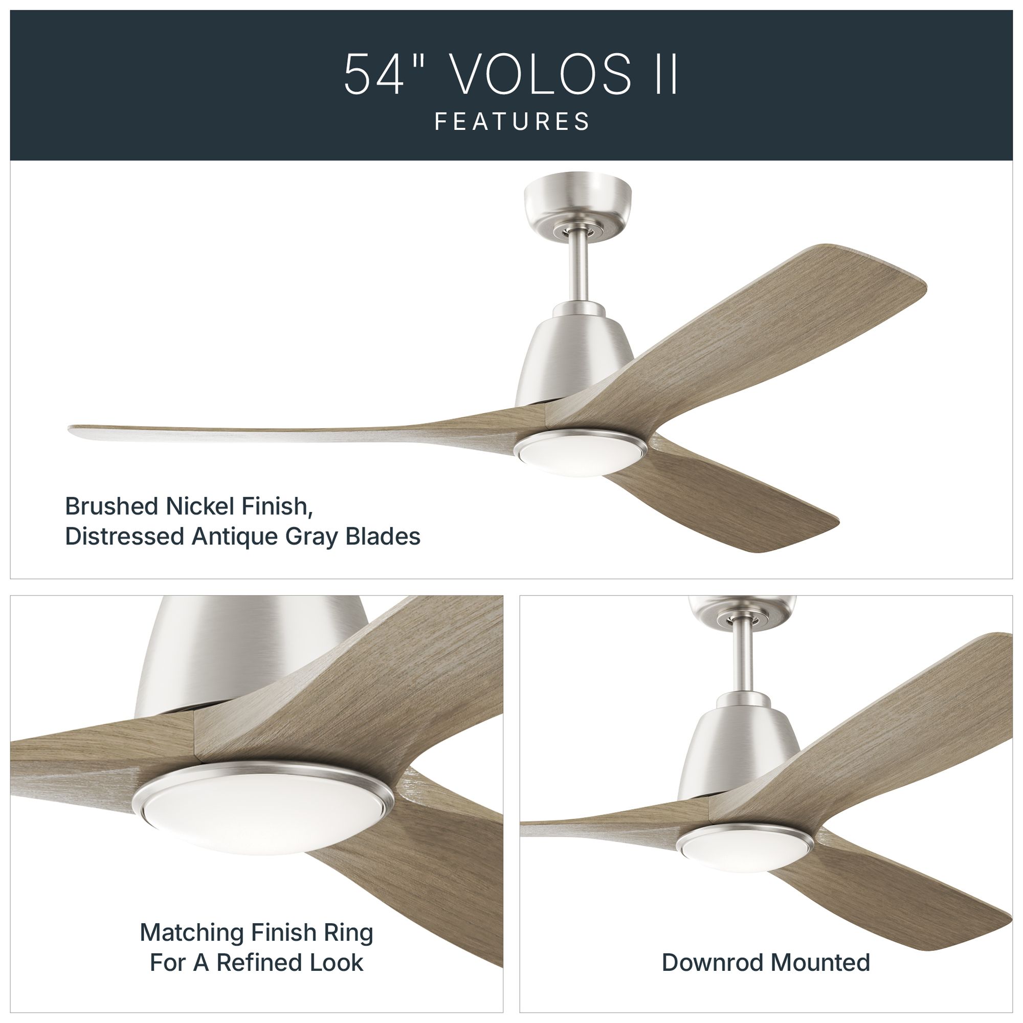 Image 5 Kichler Volos II 3 Blade 54" Ceiling Fan Brushed Nickel Antique Grey Blades more views