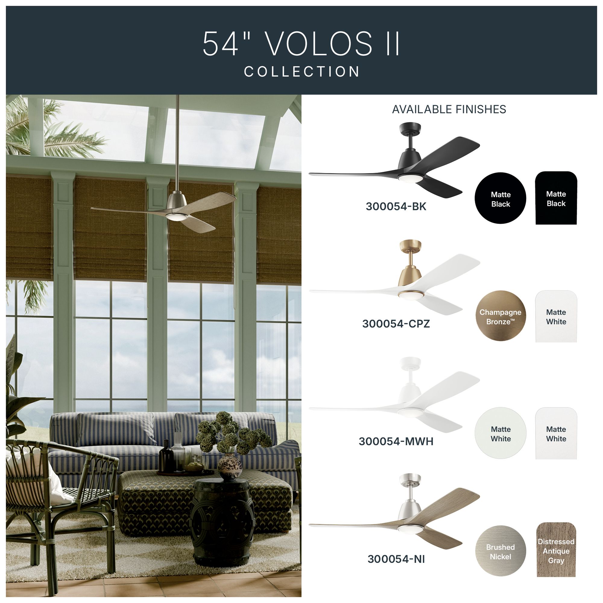 Kichler Volos II 3 Blade 54" Ceiling Fan Brushed Nickel Antique Grey Blades