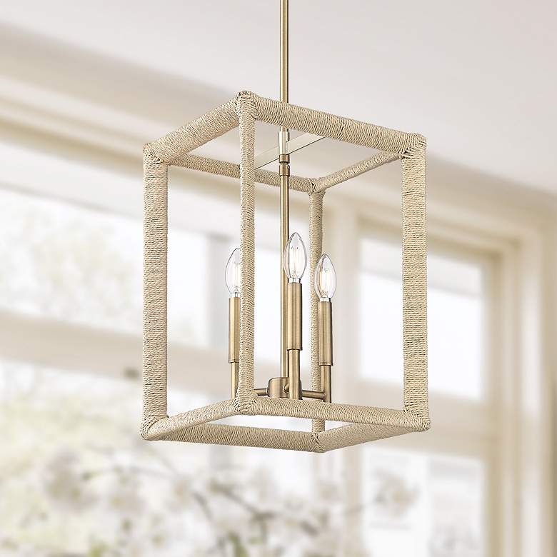 Image 1 Kimber 3 Light Pendant in Modern Brass with Light Natural Rattan Accents