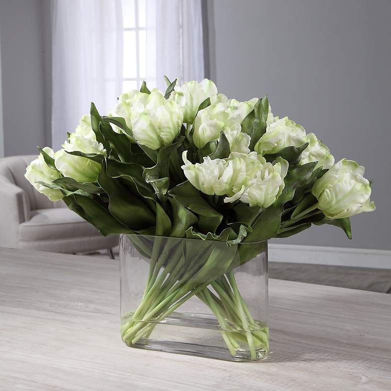 Image 1 Kimbry White Tulip 27" Wide Faux Flowers in Oval Glass Vase