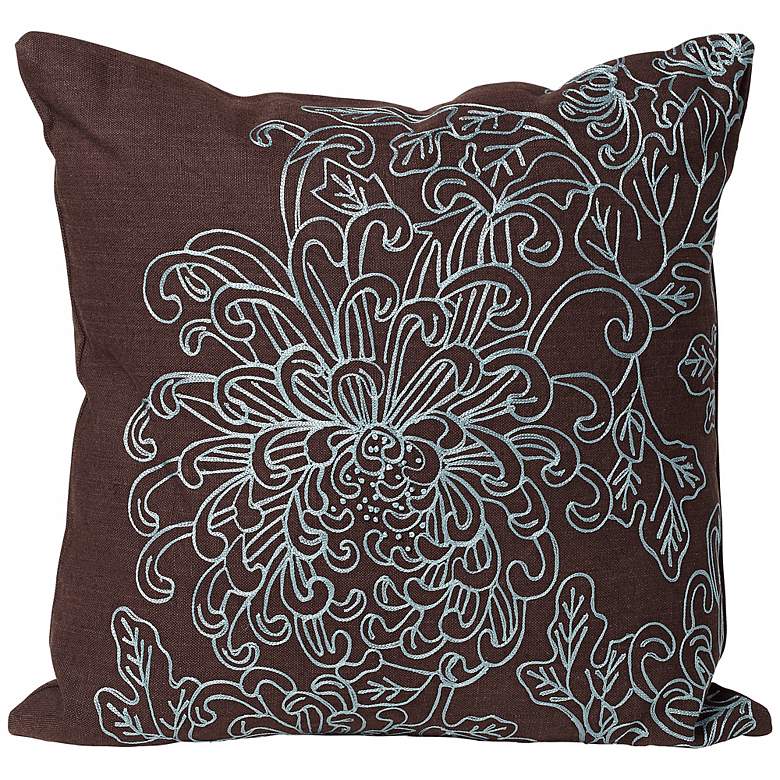 Image 1 Kimiki Flower 18 inch Embroidered Brown and Blue Designer Pillow