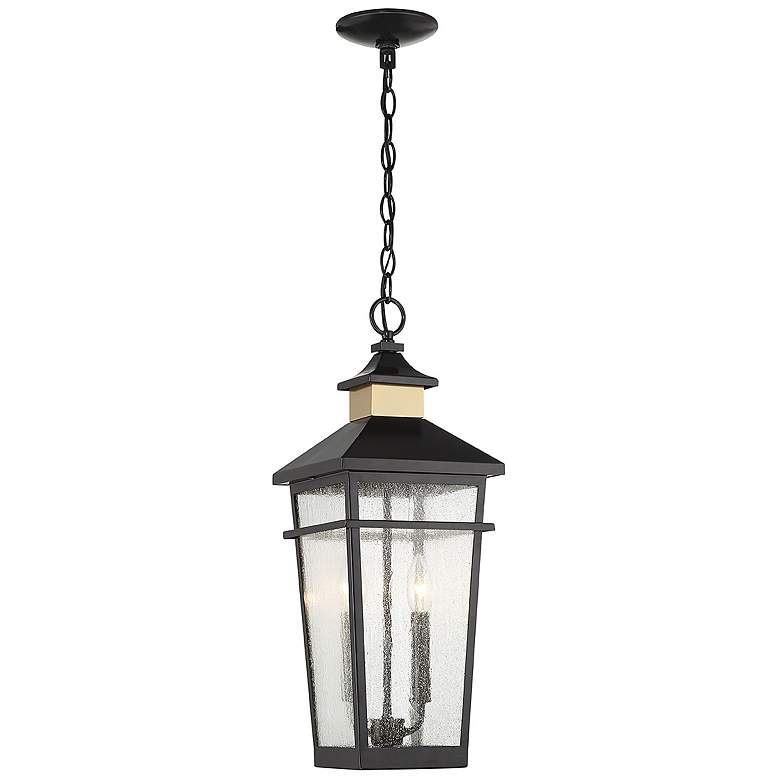 Image 1 Kingsley Outdoor Hanging Lantern in Matte Black with Warm Brass Accents