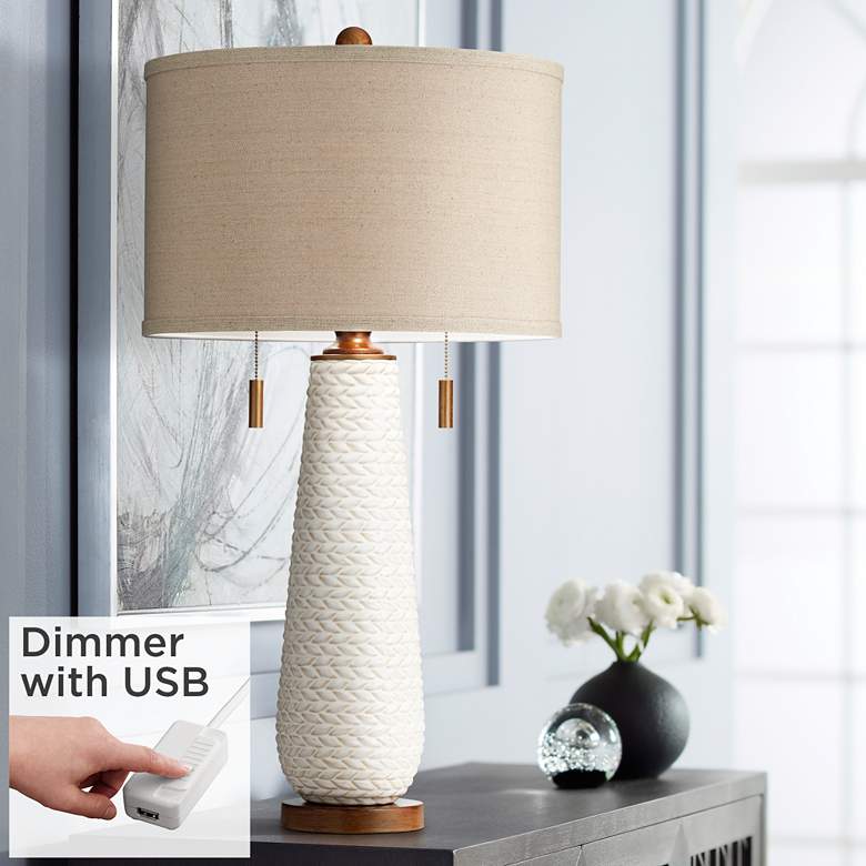Image 1 Kingston White Ceramic Pull Chain Table Lamp With USB Dimmer