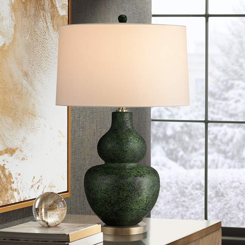Image 1 Kinnaird Moss Green and Brass Double Gourd Table Lamp