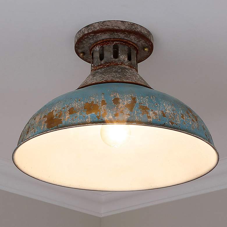 Image 1 Kinsley 14" Aged Galvanized Steel and Teal Blue Rustic Ceiling Light
