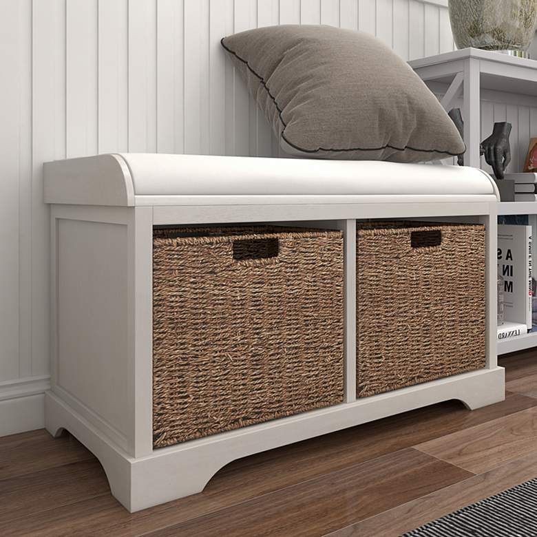 Image 1 Kirby 48"W Matte White Wood Storage Bench with 2 Baskets