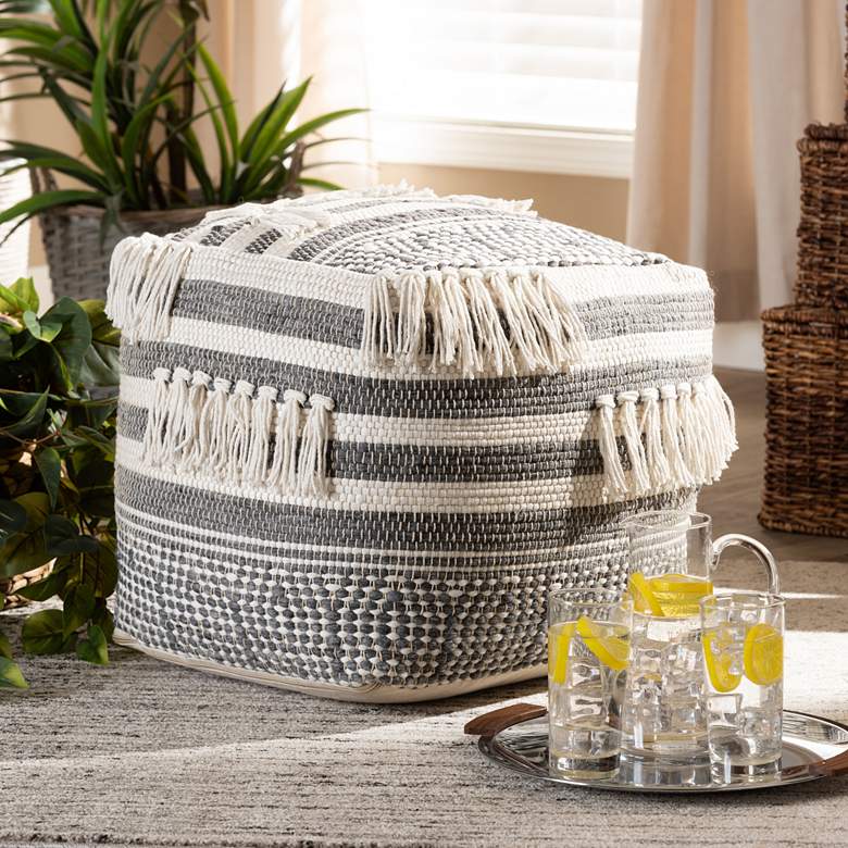 Image 1 Kirby Gray and Ivory Moroccan Inspired Pouf Ottoman