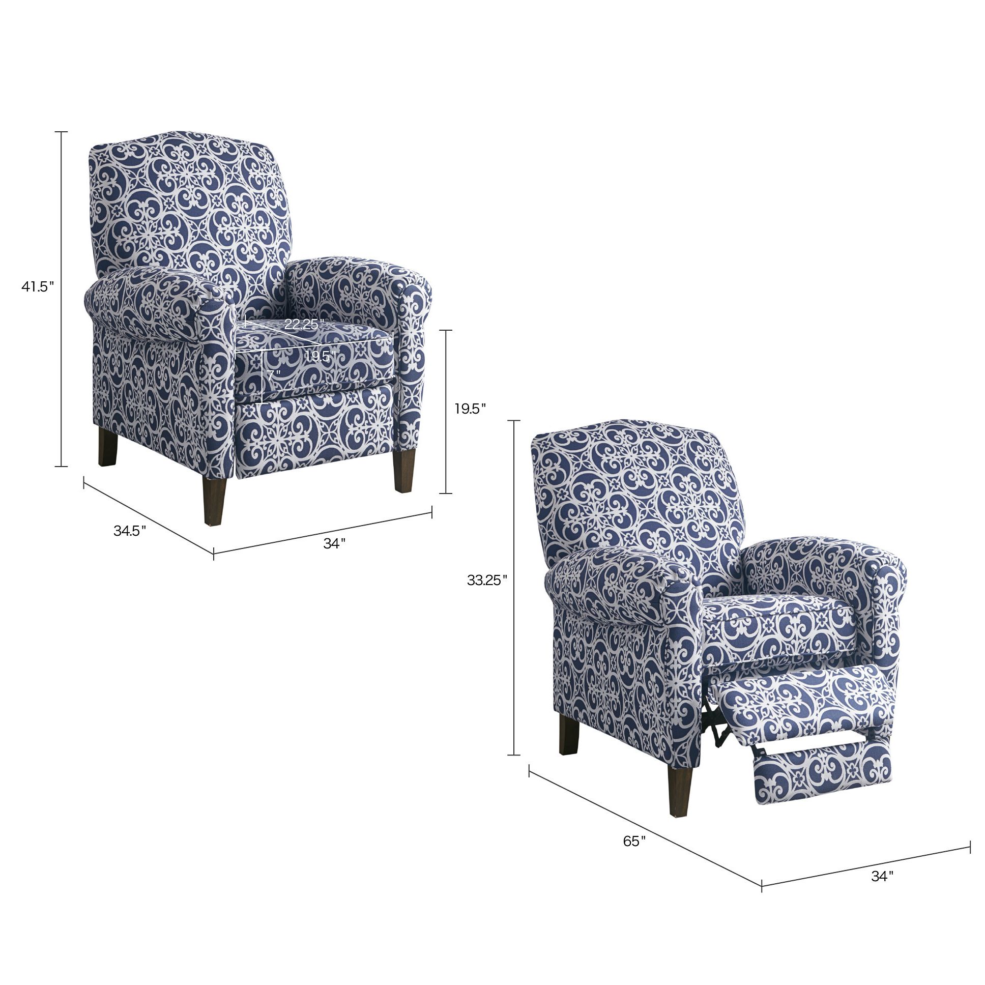 Kirby Navy Multi-Color Manual Push Back Recliner Chair