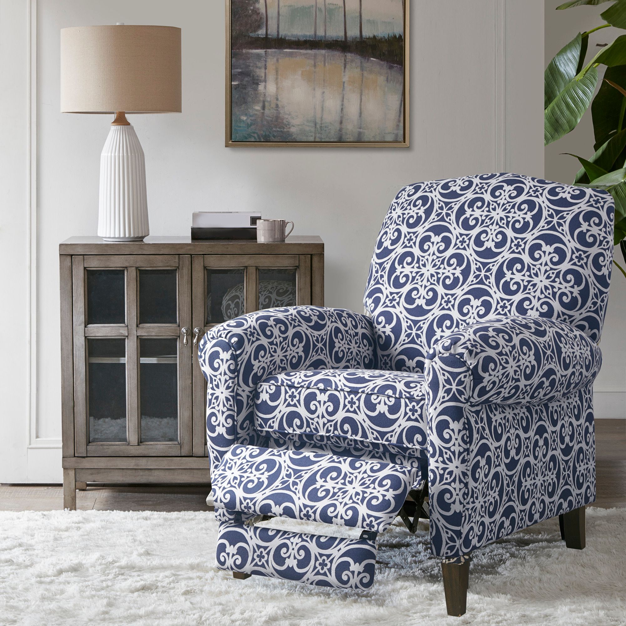 Kirby Navy Multi-Color Manual Push Back Recliner Chair