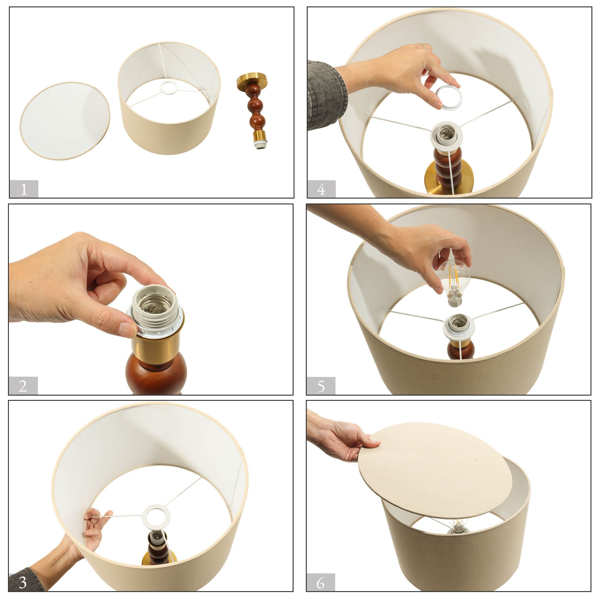 Image 4 Kismet Modern Brass 17" Semi Flush Mount with Linen Shade Rubberwood Stem more views