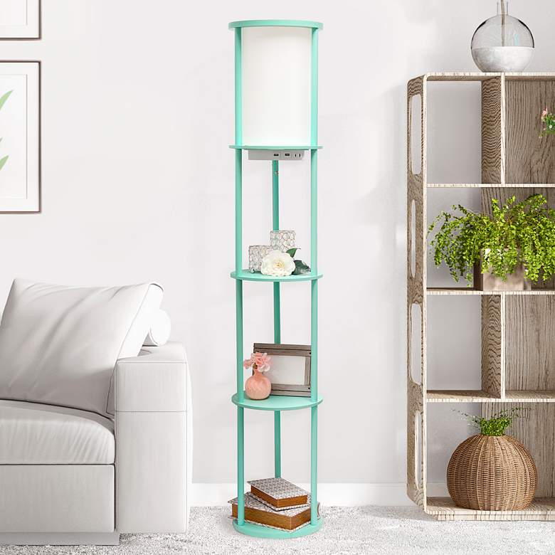 Image 1 Kiva 62 1/2 inch Aqua 3-Shelf Etagere Floor Lamp with USB Ports and Outlet