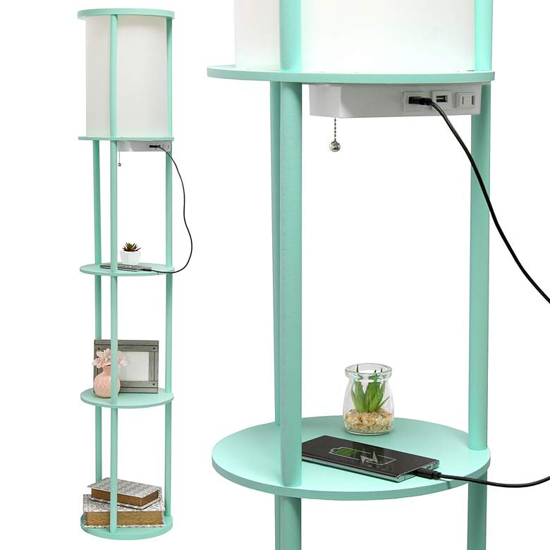 Image 6 Kiva 62 1/2 inch Aqua 3-Shelf Etagere Floor Lamp with USB Ports and Outlet more views