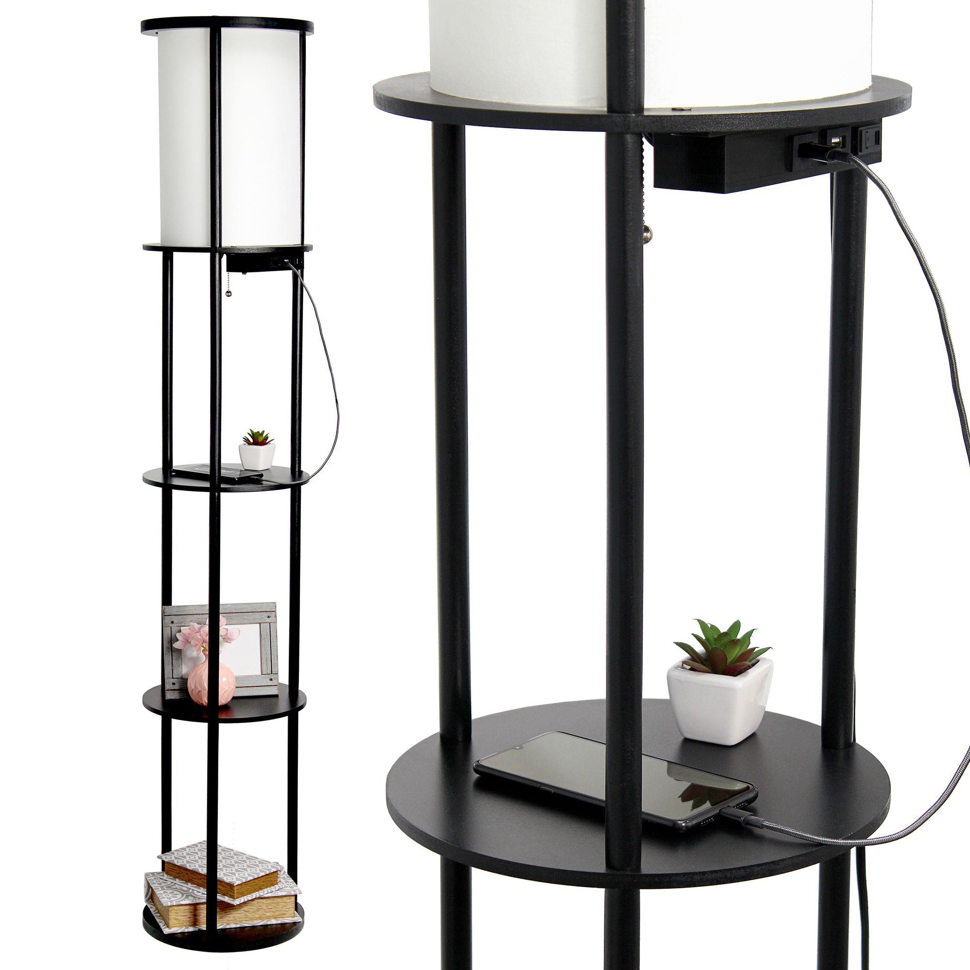 Kiva 62 1/2" Black Finish 3-Shelf USB Ports Etagere Floor Lamp